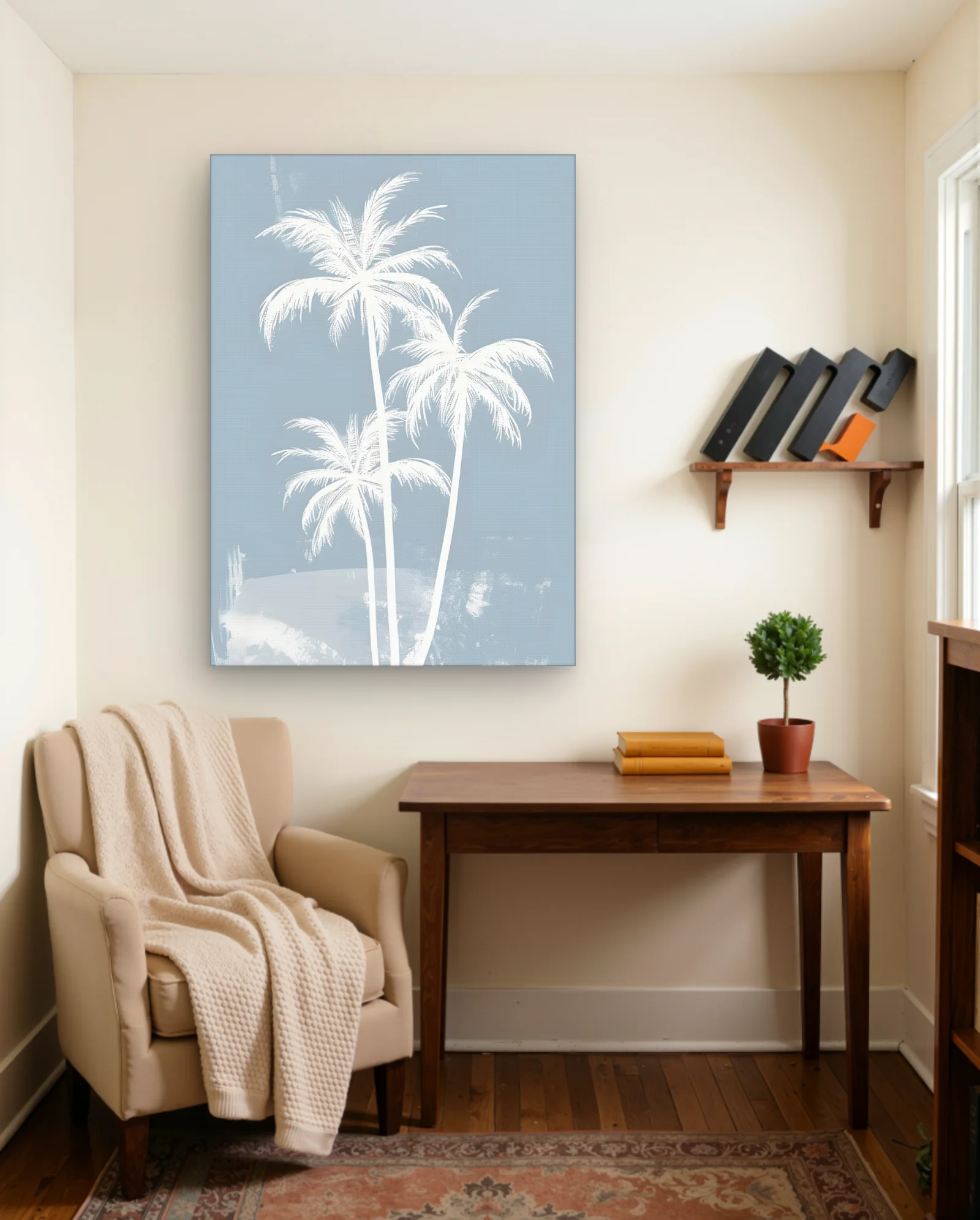 White Palm Trio Dusty Blue Wall Art — Modern Digital Art abstract & modern wall art poster