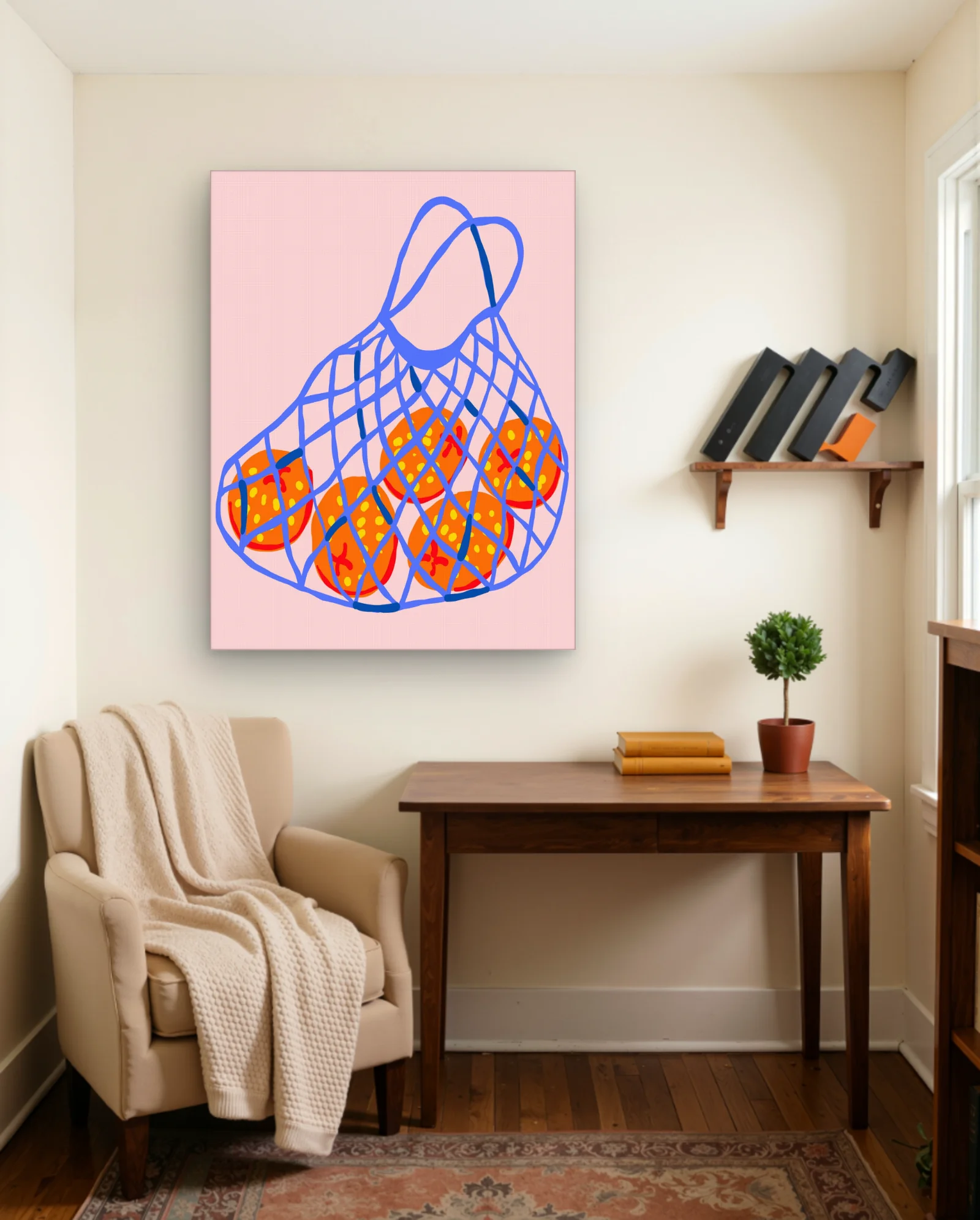 Blue Mesh Bag With Oranges Wall Art — Modern Digital Art abstract & modern wall art poster