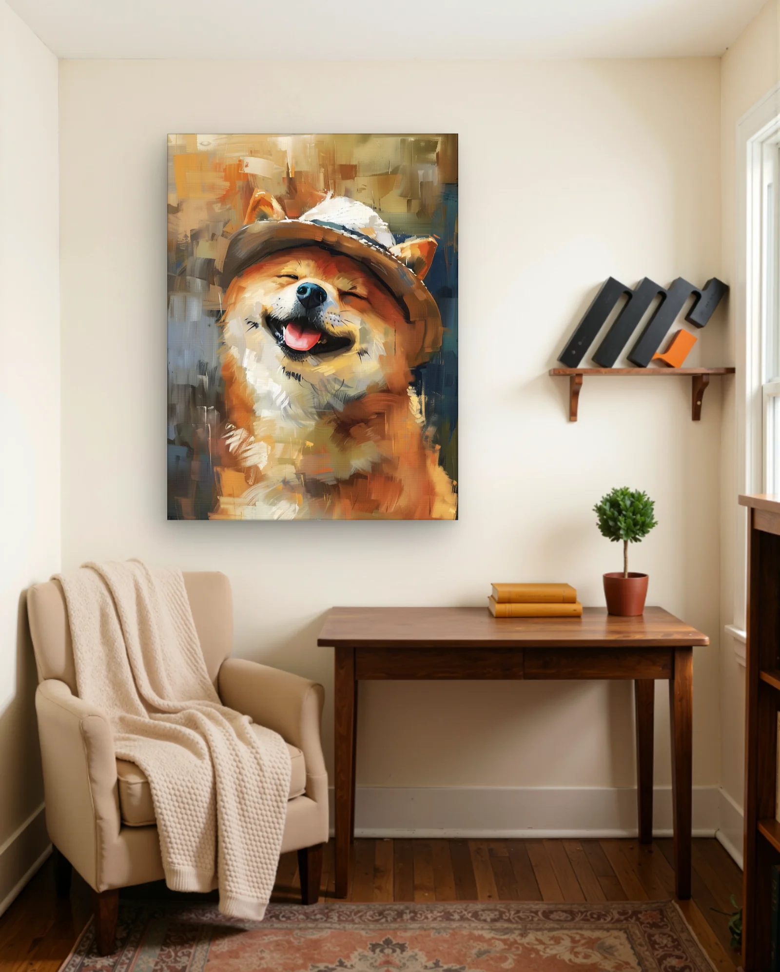 Shiba Inu Grinning Hat Wall Art — framed wall art poster by Memocult