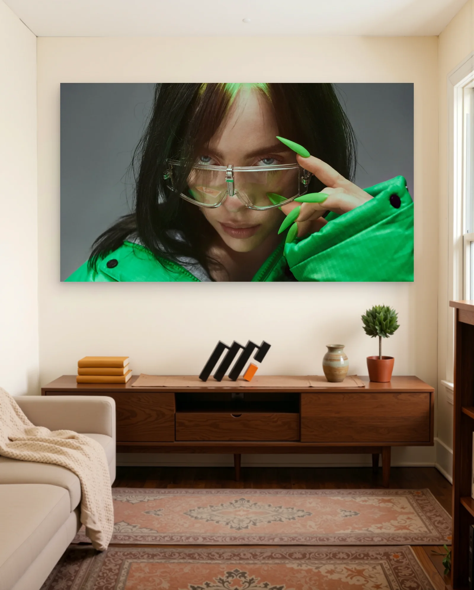 Billie Eilish With Green Nails And Glasses Poster — framed wall art poster by Memocult