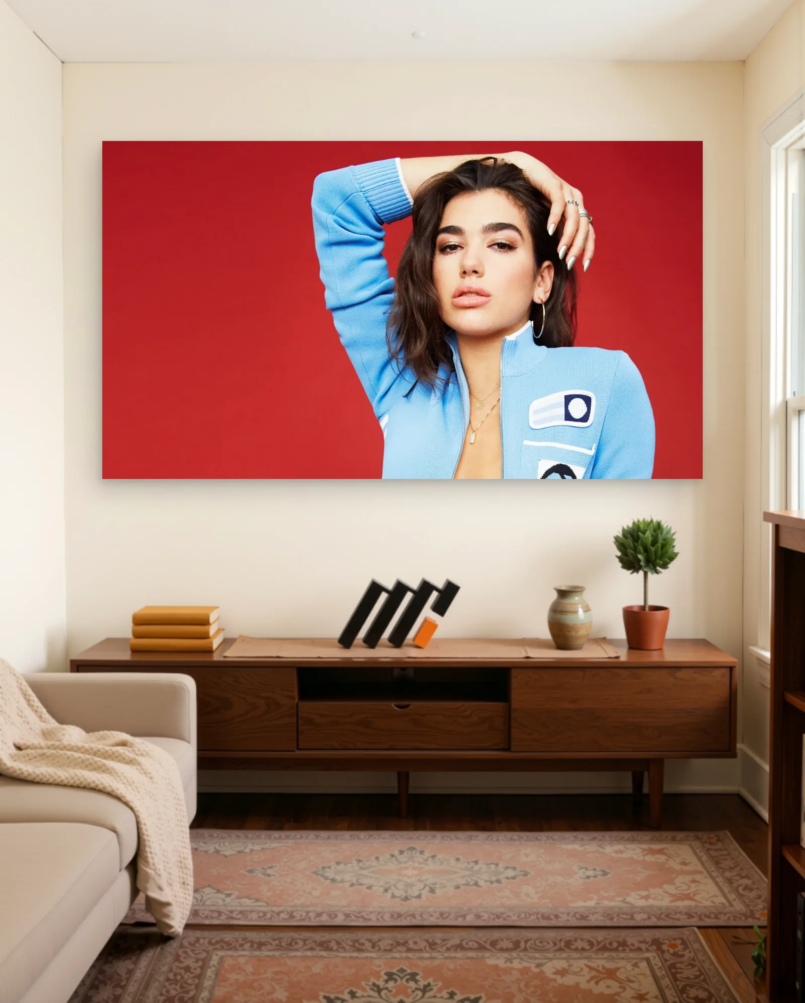 Dua Lipa Blue Tracksuit Red Background Poster — framed wall art poster by Memocult