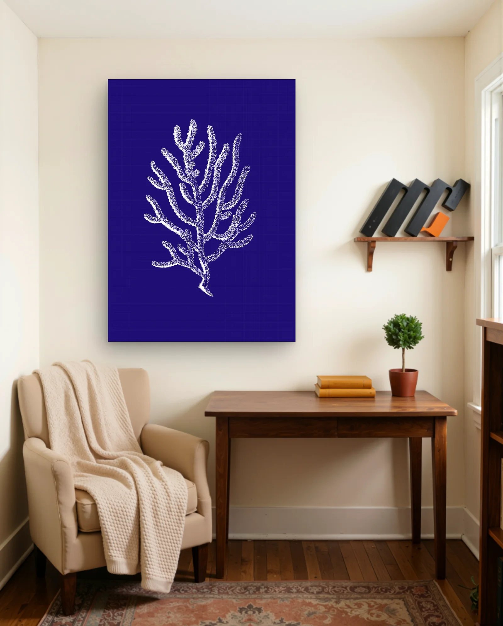 White Sea Fan On Deep Indigo Wall Art — Modern Digital Art abstract & modern wall art poster