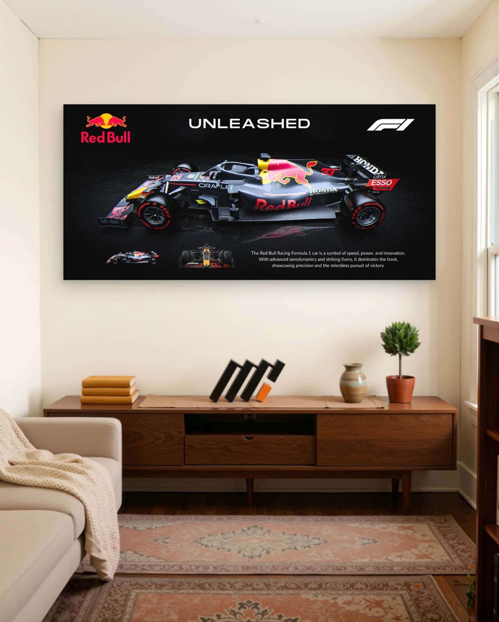 Red Bull F1 Car Unleashed Poster — framed wall art poster by Memocult
