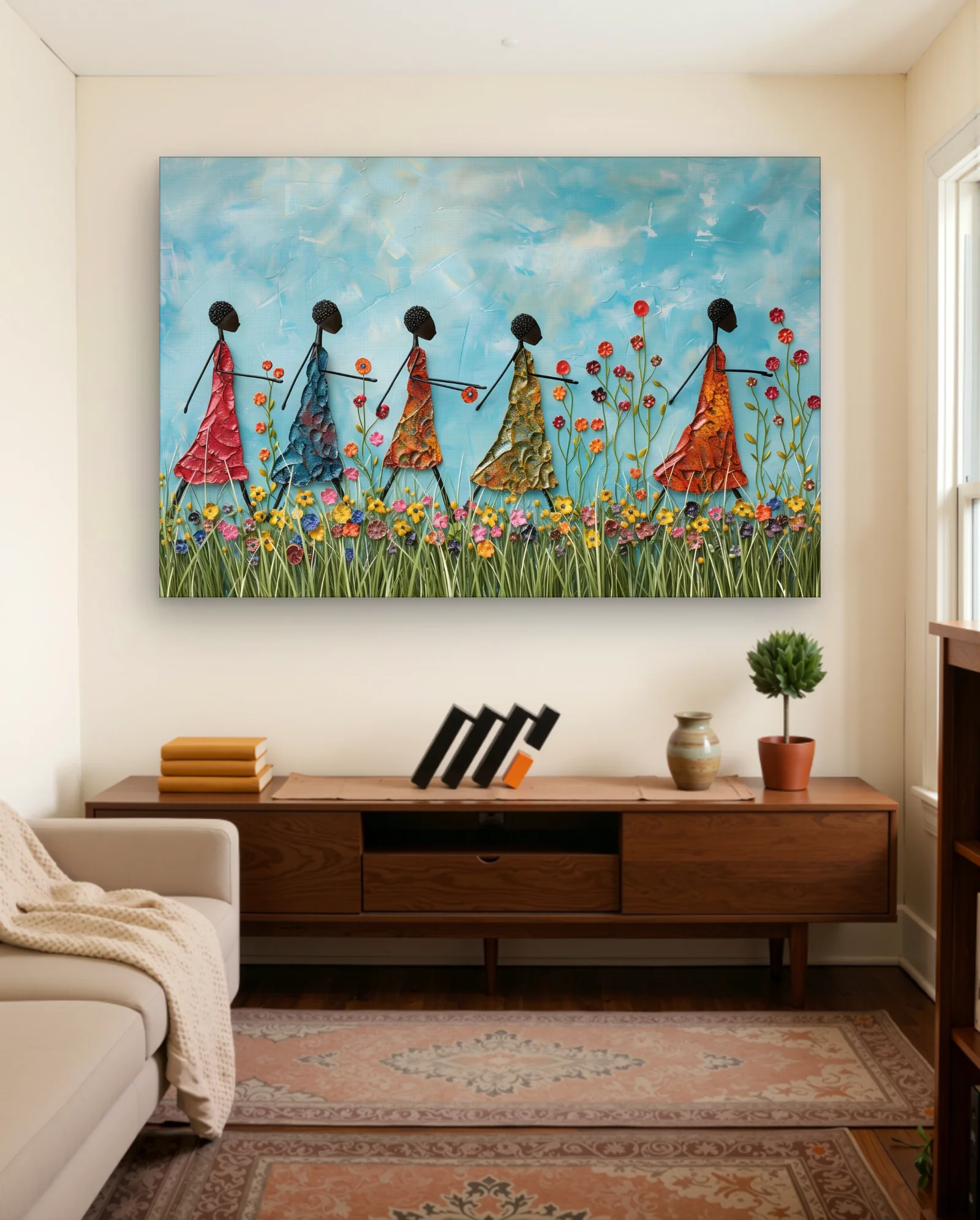 Five African Women Walking Through Wildflowers Wall Art — framed wall art poster by Memocult