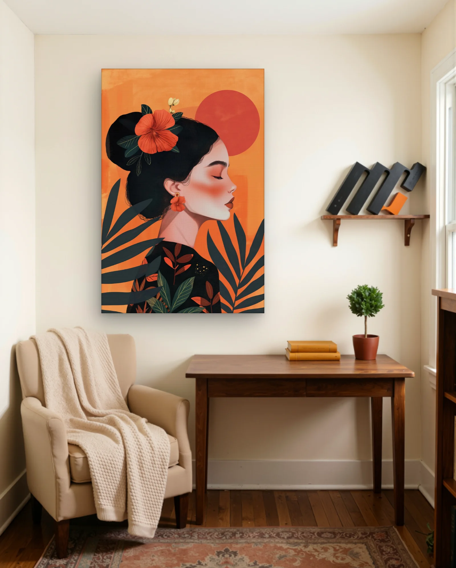 Woman With Hibiscus Flower And Earrings Wall Art — framed wall art poster by Memocult