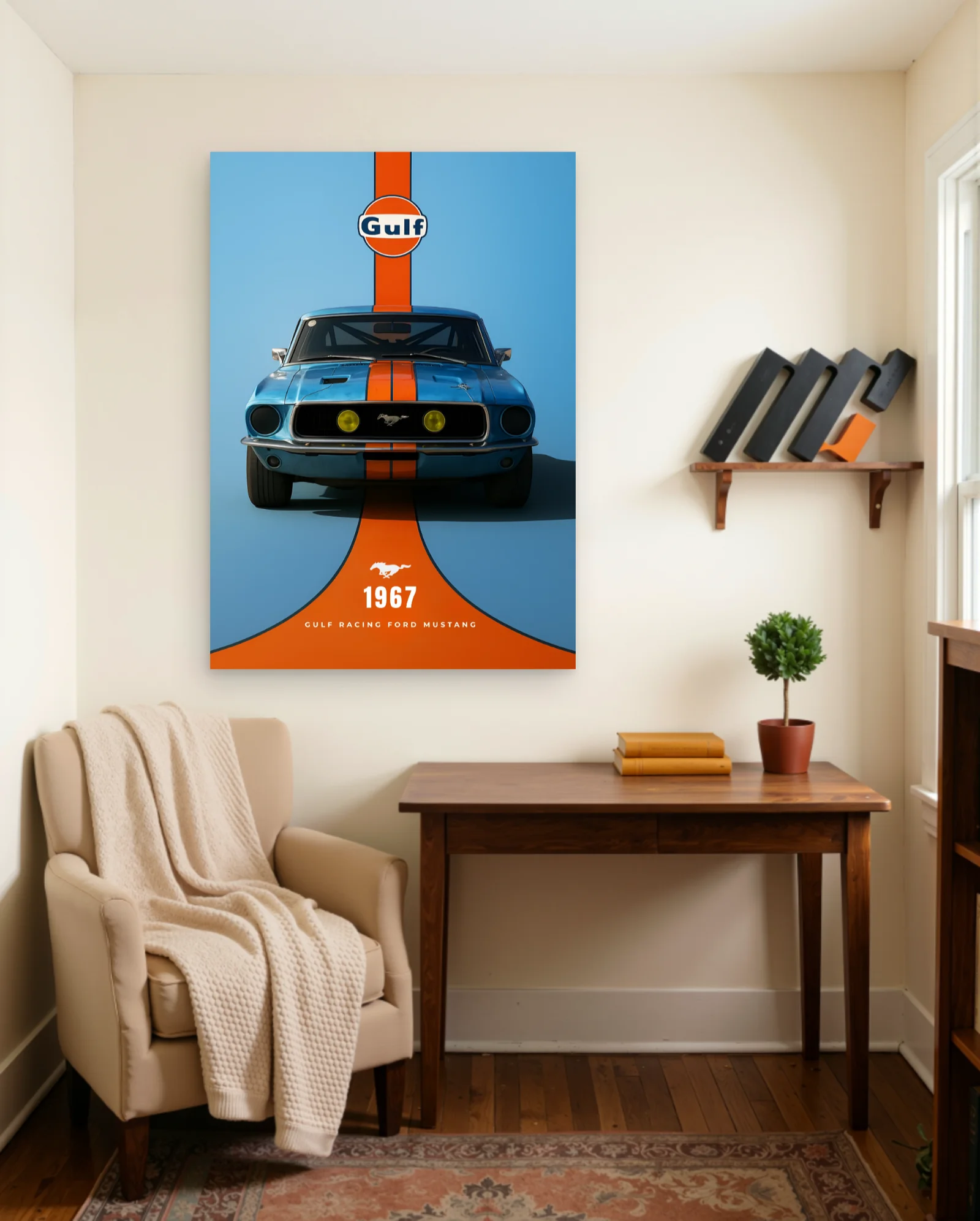 1967 Ford Mustang Gulf Racing Poster — framed wall art poster by Memocult