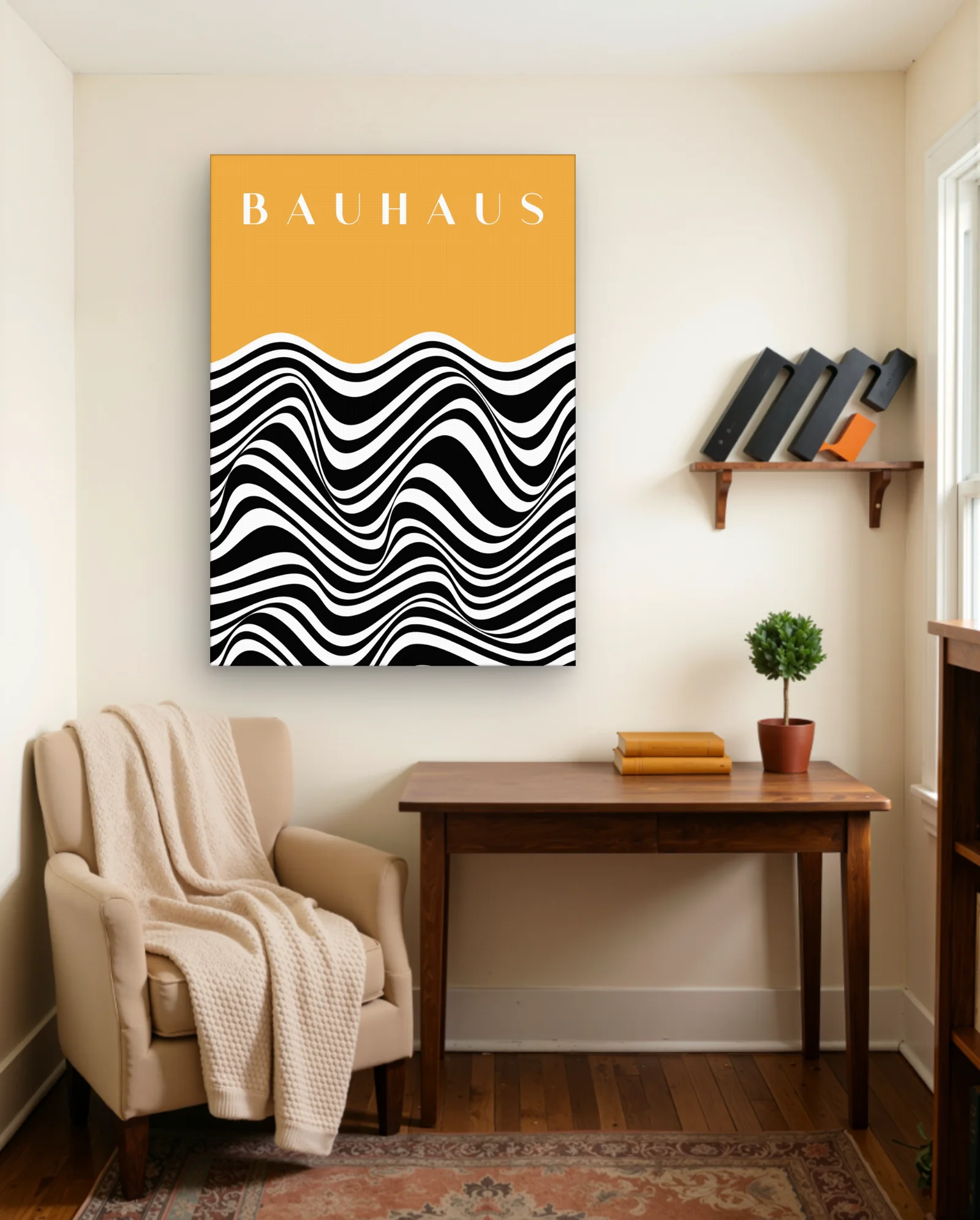 Bauhaus Wavy Lines Ochre Wall Art — framed wall art poster by Memocult