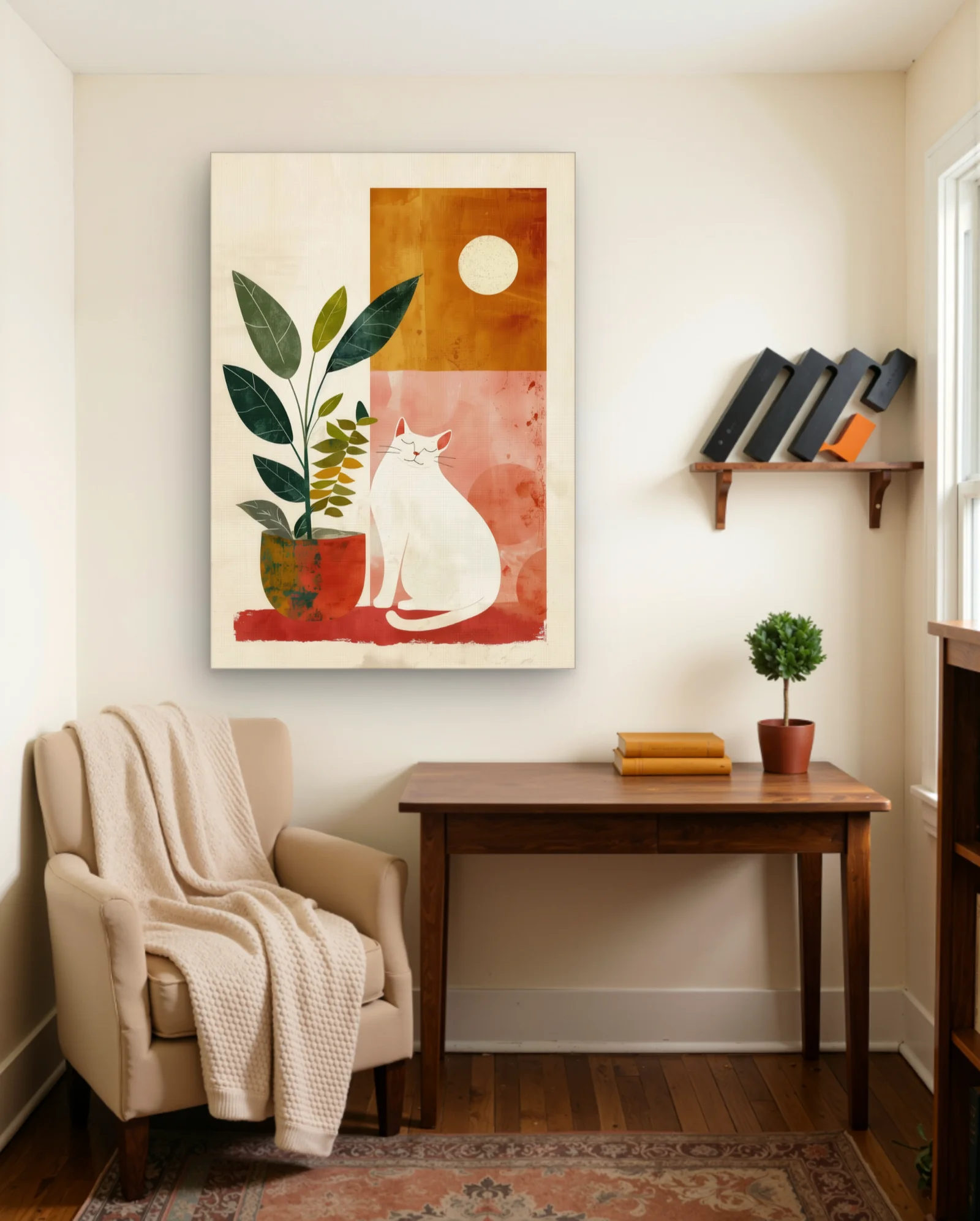 Contented White Cat With Potted Plant Wall Art — Abstract abstract & modern wall art poster