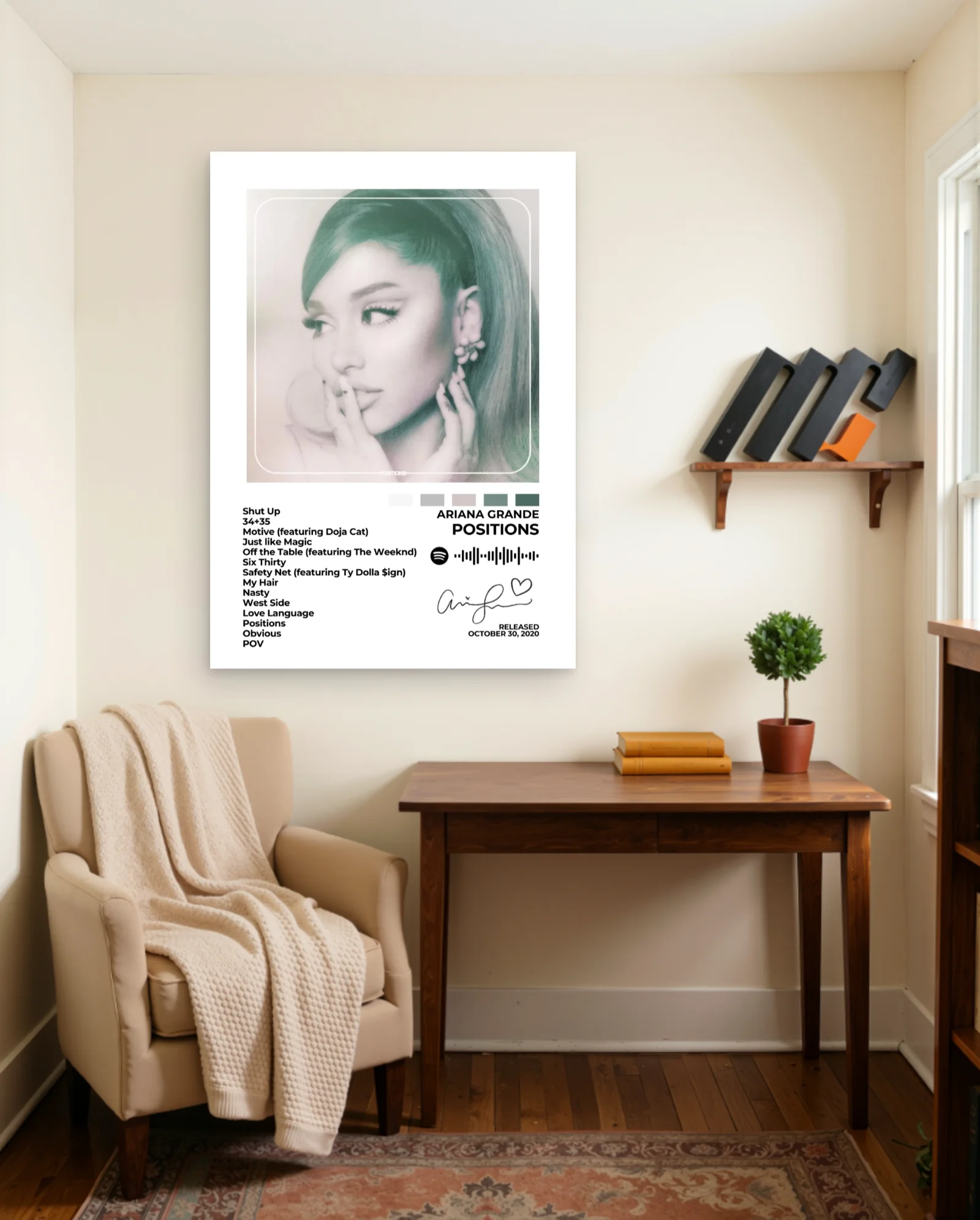 Ariana Grande Positions Poster — framed wall art poster by Memocult