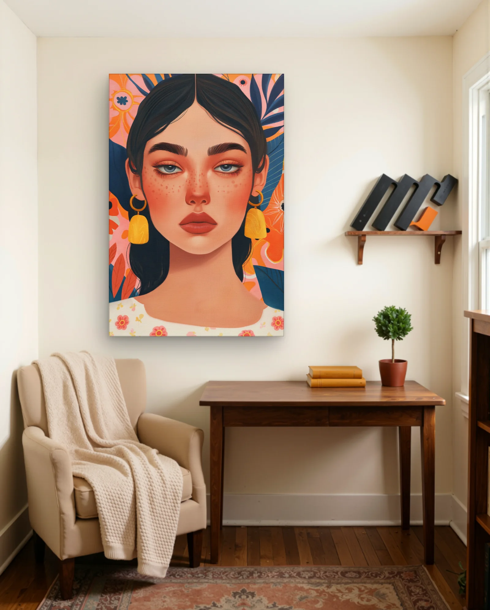 Woman With Yellow Bell Earrings Wall Art — framed wall art poster by Memocult