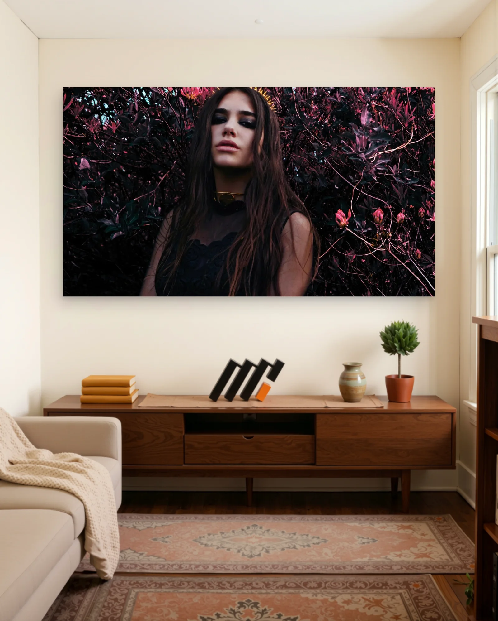 Dua Lipa Crown Dark Floral Poster — framed wall art poster by Memocult