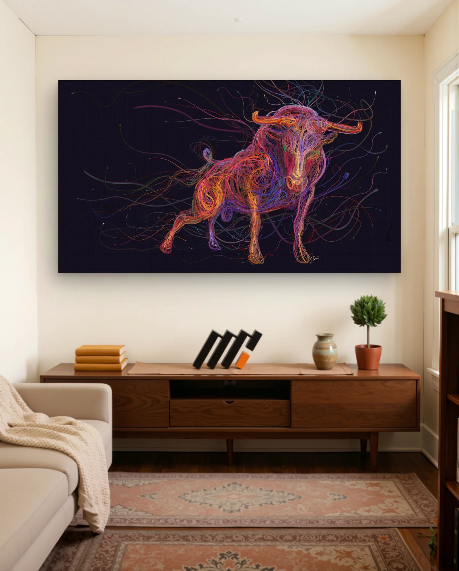 Neon Wire Bull Wall Art — Modern Digital Art abstract & modern wall art poster