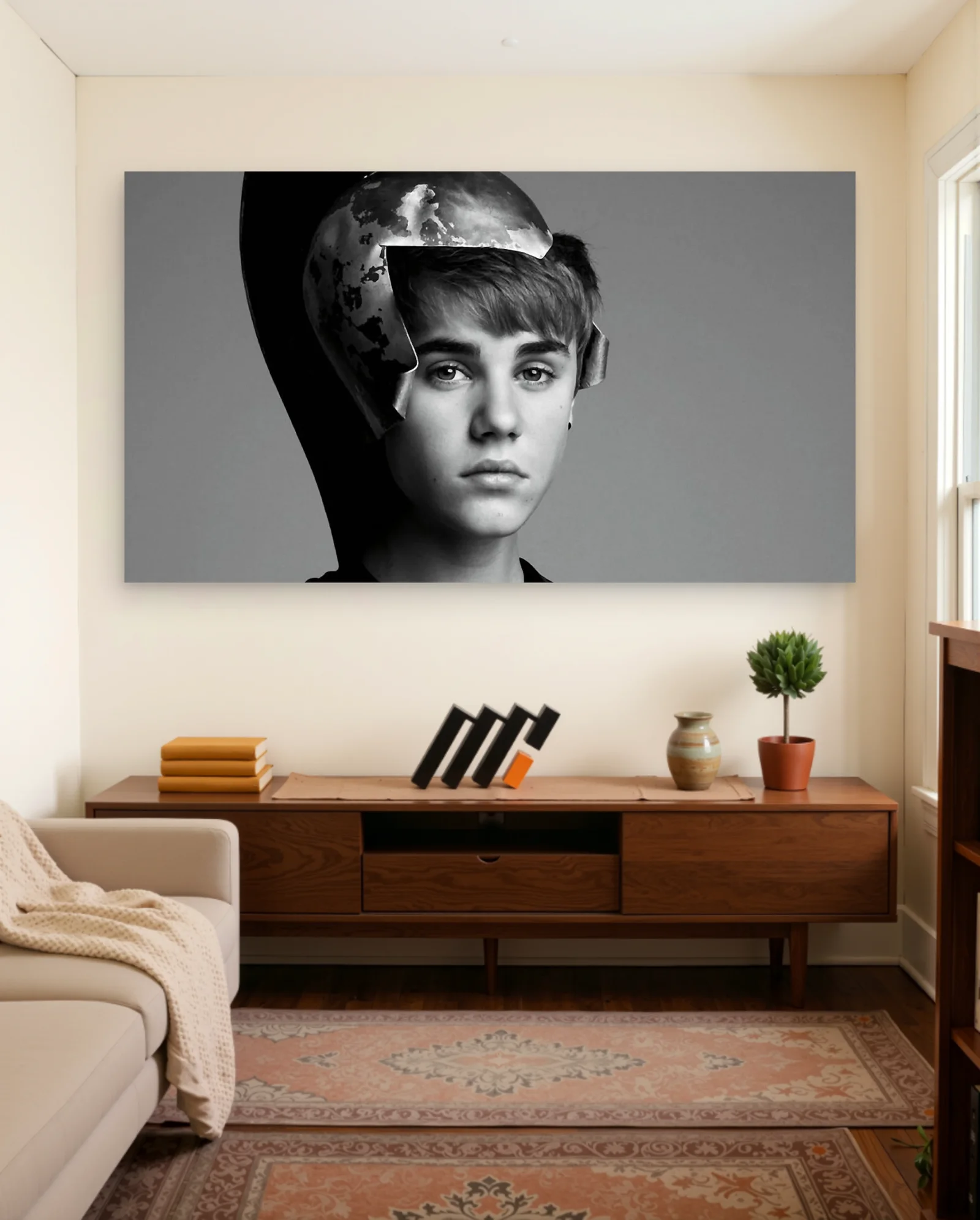 Justin Bieber Metallic Helmet Poster — framed wall art poster by Memocult