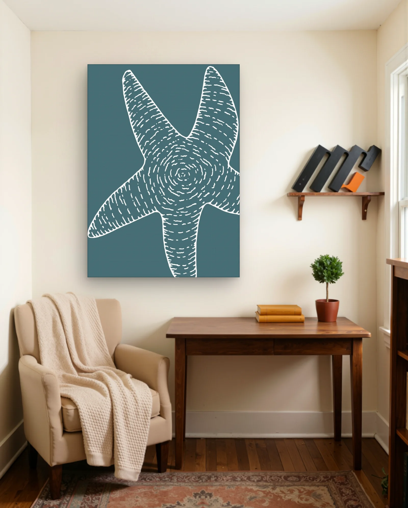 White Line Starfish Teal Wall Art — framed wall art poster by Memocult