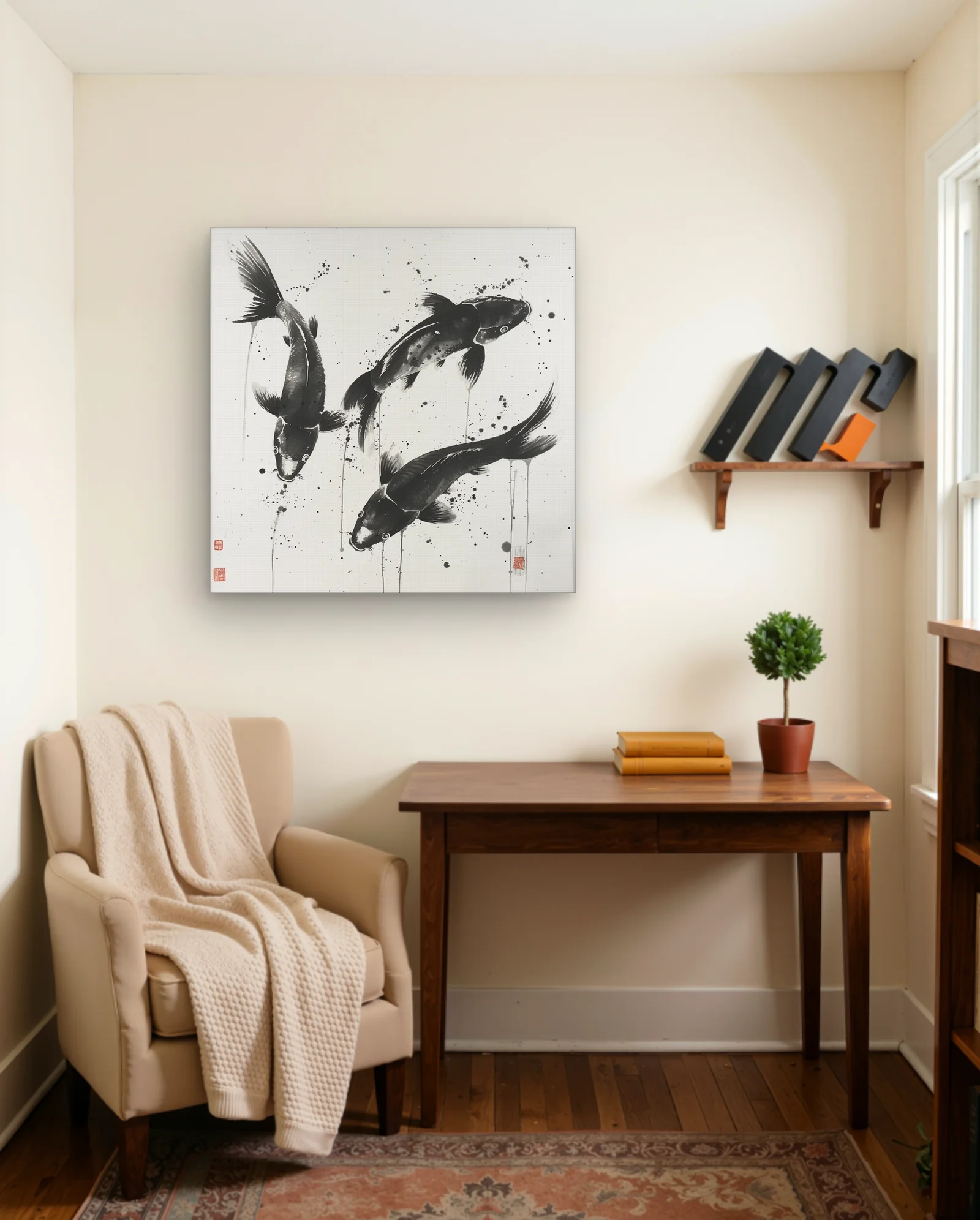 Three Black Koi Art Print — framed wall art poster by Memocult