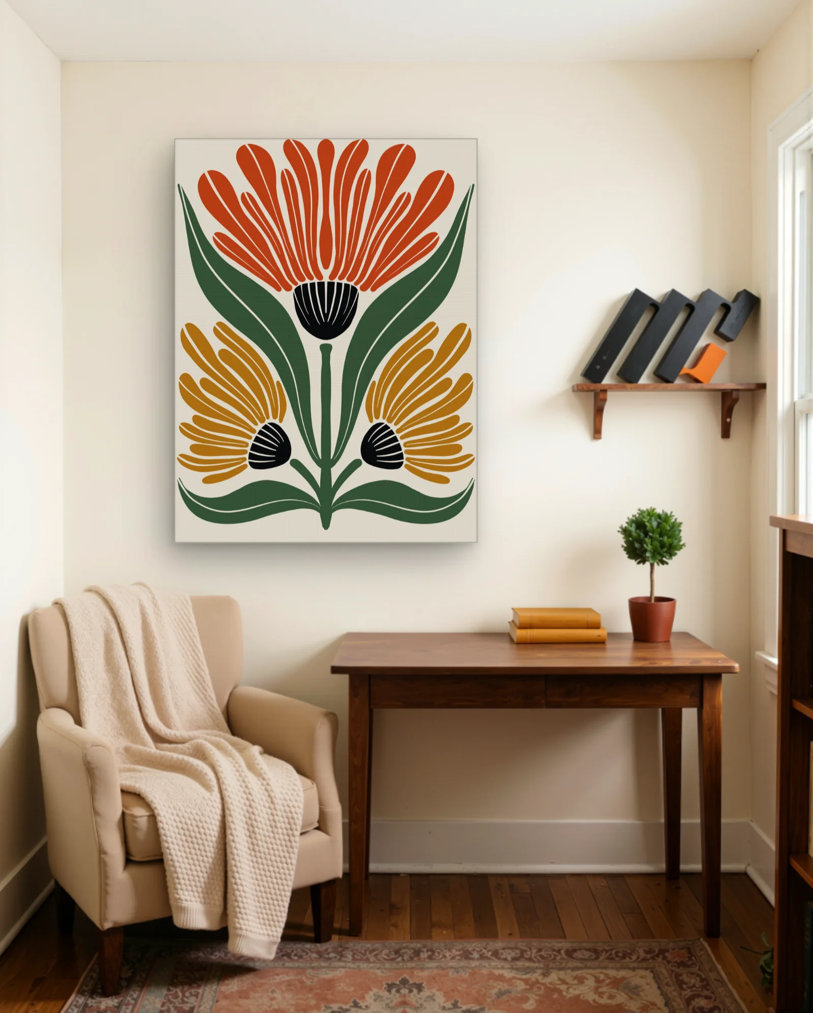 Triple Stylized Floral Terracotta Olive Wall Art — framed wall art poster by Memocult