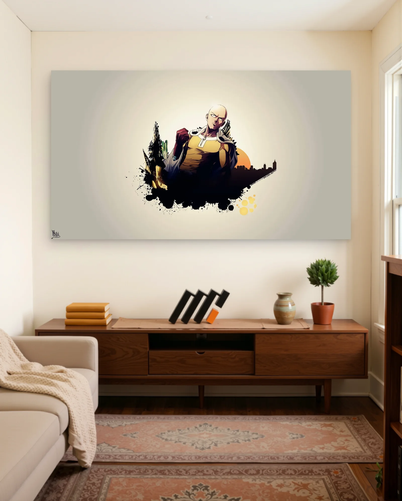 Saitama Sunset City Pose Poster — framed wall art poster by Memocult