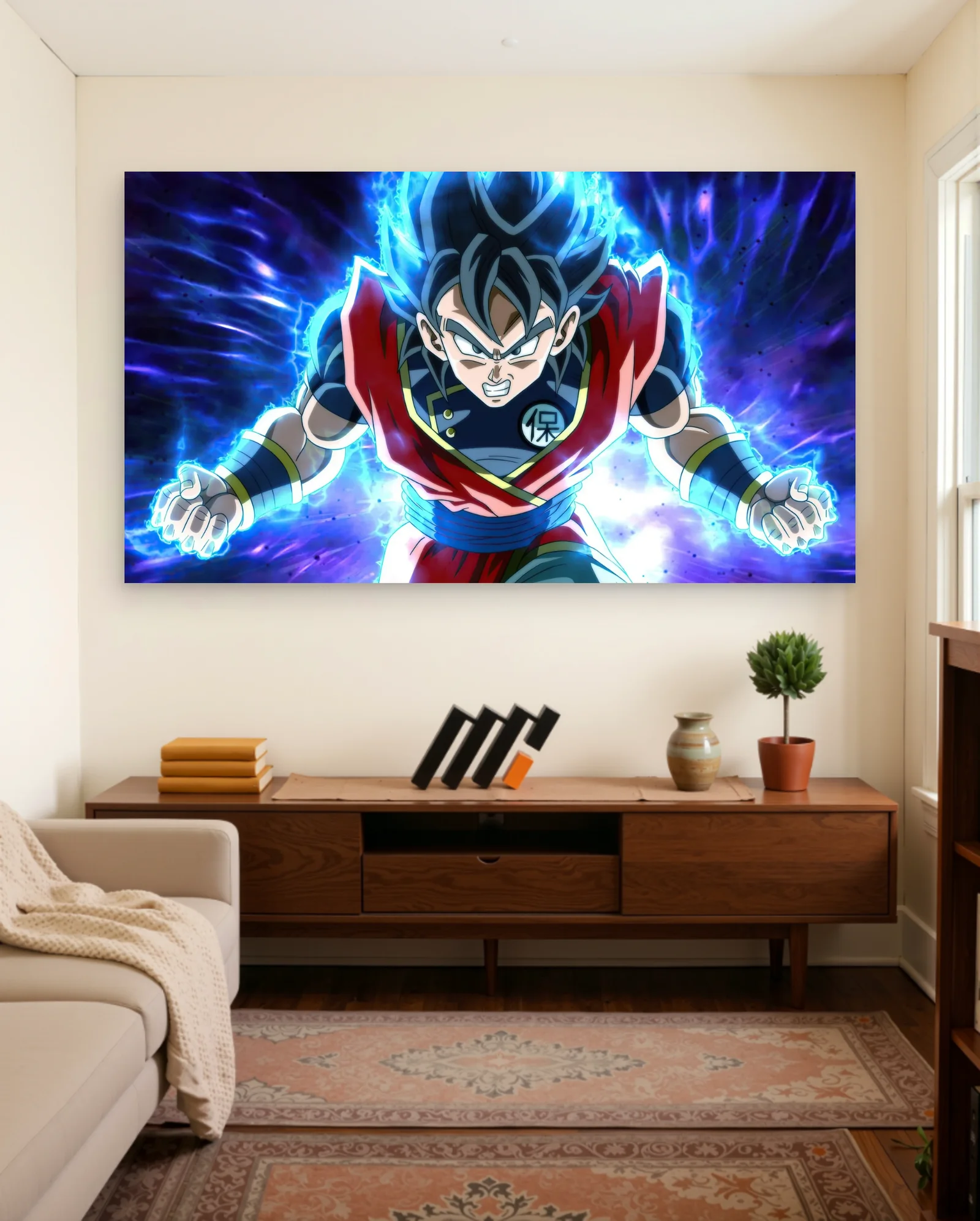 Goku Red Vest Blue Aura Poster — framed wall art poster by Memocult