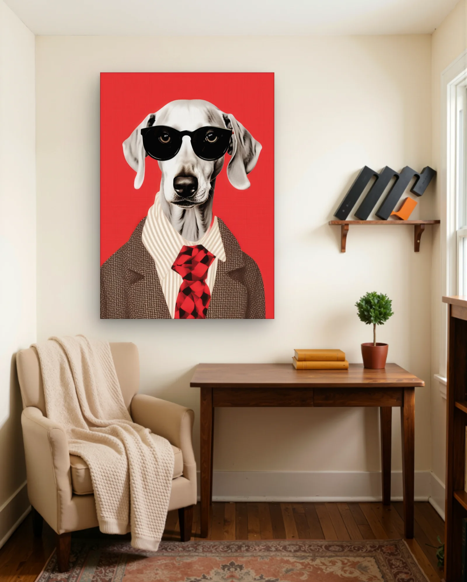 Weimaraner With Sunglasses And Tie Wall Art — framed wall art poster by Memocult