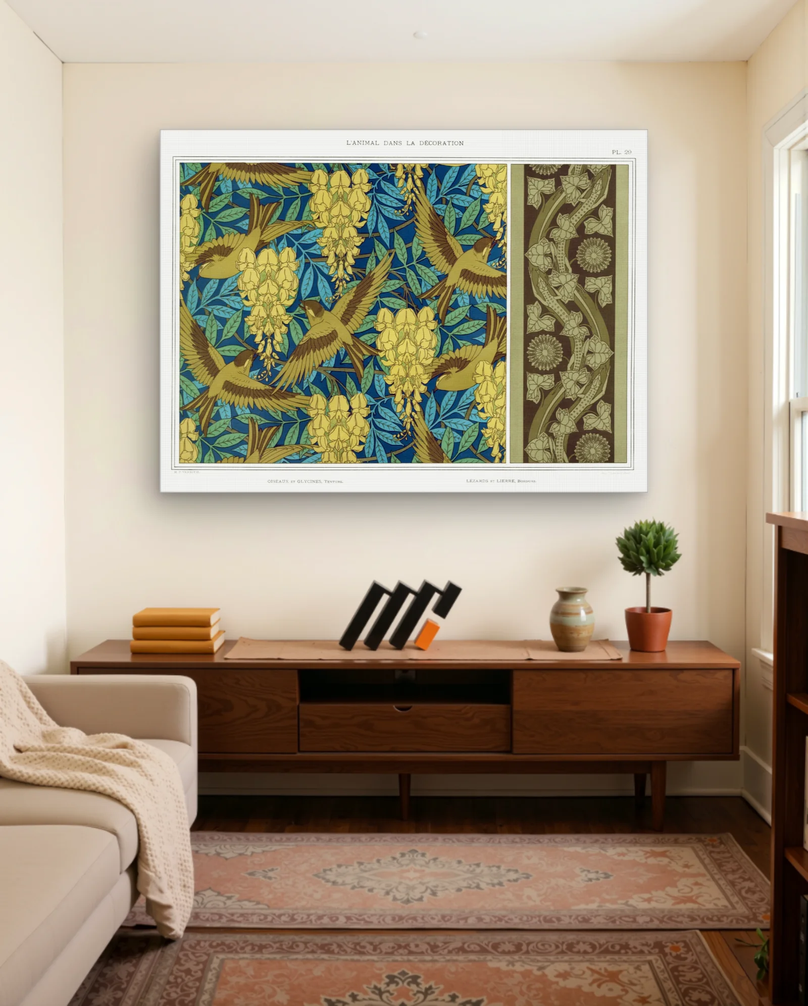 Birds And Wisteria Pattern Art Print — framed wall art poster by Memocult