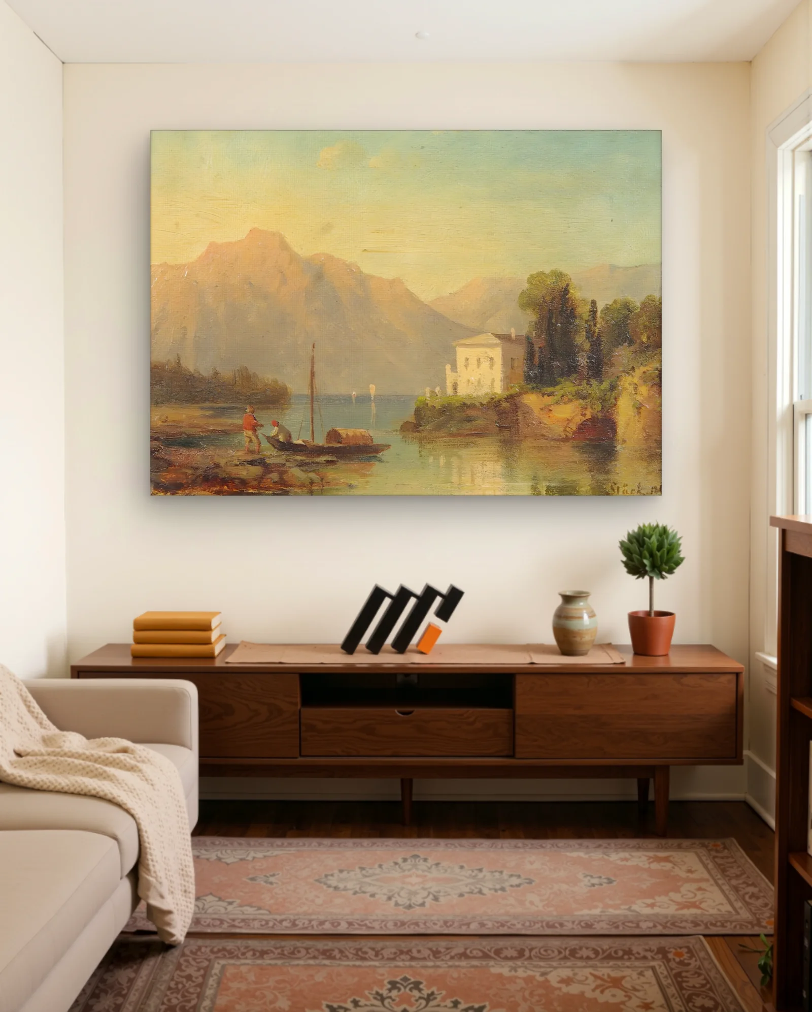 Sunset Lake Villa Fishermen Boat Wall Art — Landscapes botanical & nature wall art poster