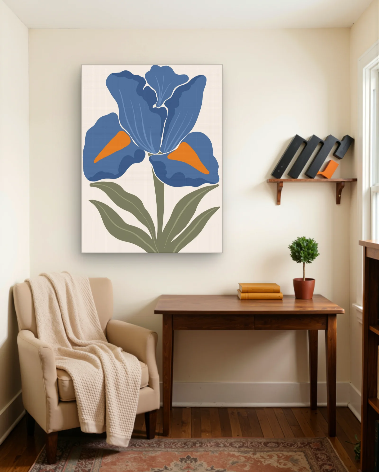 Blue Iris With Orange Accents Wall Art — framed wall art poster by Memocult