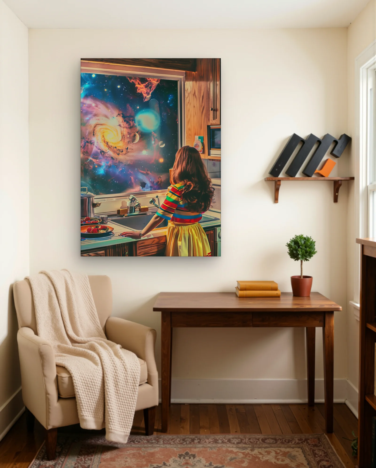 Woman In Kitchen Galaxy View Wall Art — framed wall art poster by Memocult