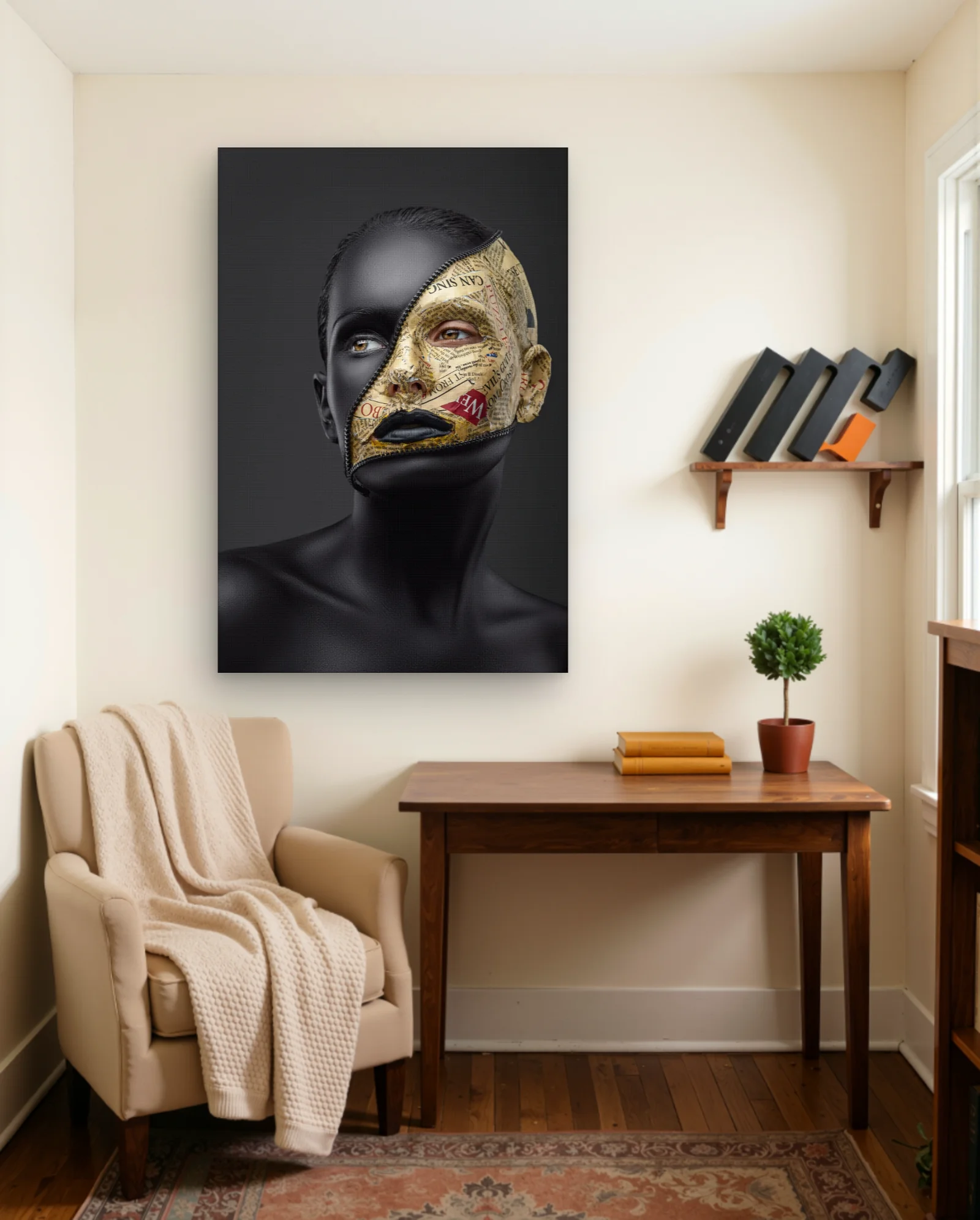 Zipper Newspaper Face Black Paint Wall Art — framed wall art poster by Memocult