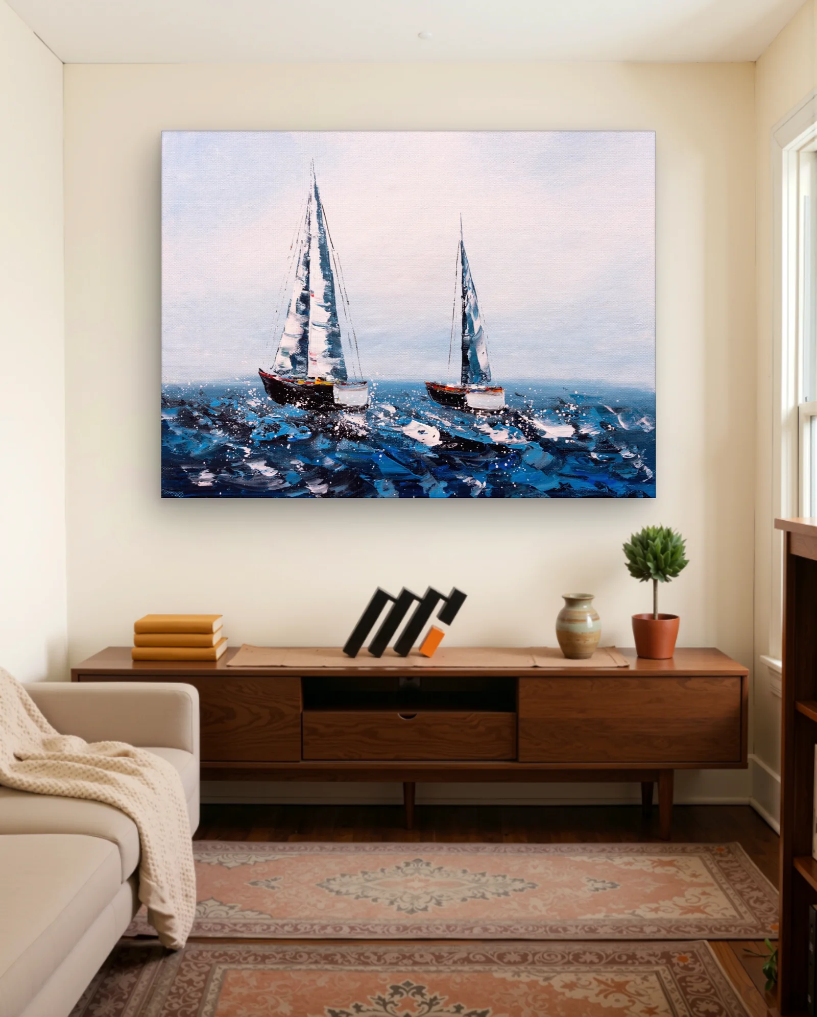 Two Sloops Choppy Blue Sea Wall Art — framed wall art poster by Memocult