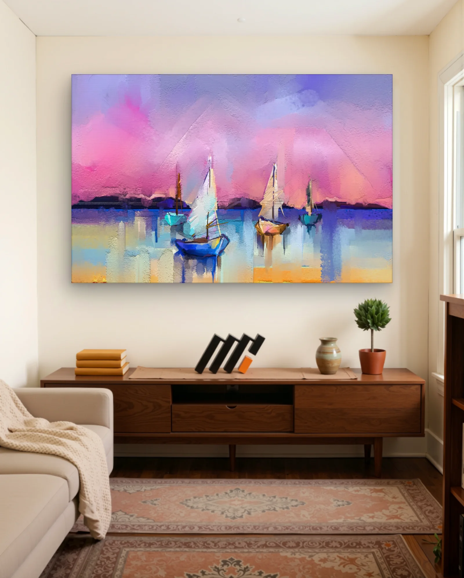 Sailboats In Pastel Sunset Sky Wall Art — framed wall art poster by Memocult