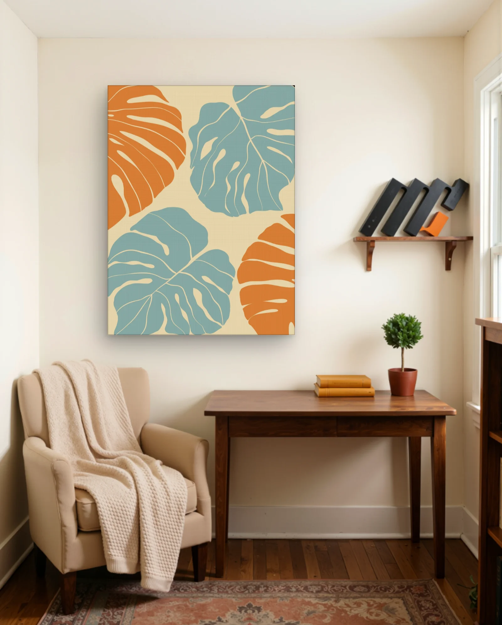Monstera Leaves Orange Teal Wall Art — framed wall art poster by Memocult