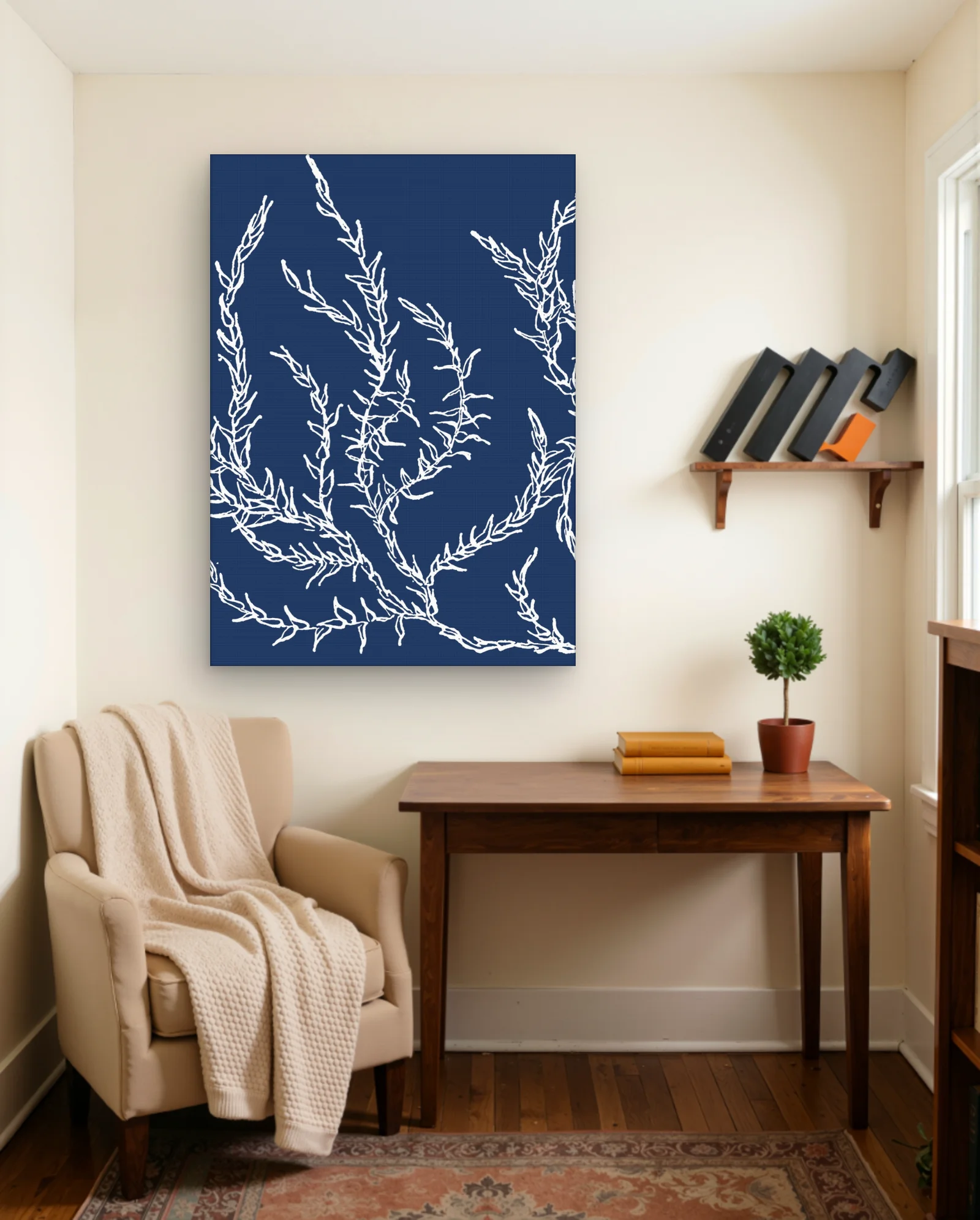 Navy Seaweed Branches Sketch Wall Art — Abstract abstract & modern wall art poster