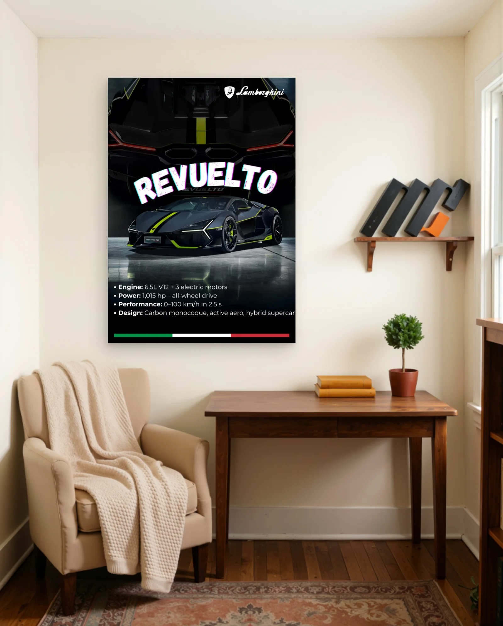 Lamborghini Revuelto — Matte Slate with Lime Stripe, Front‑Three‑Quarter Shot — framed wall art poster by Memocult