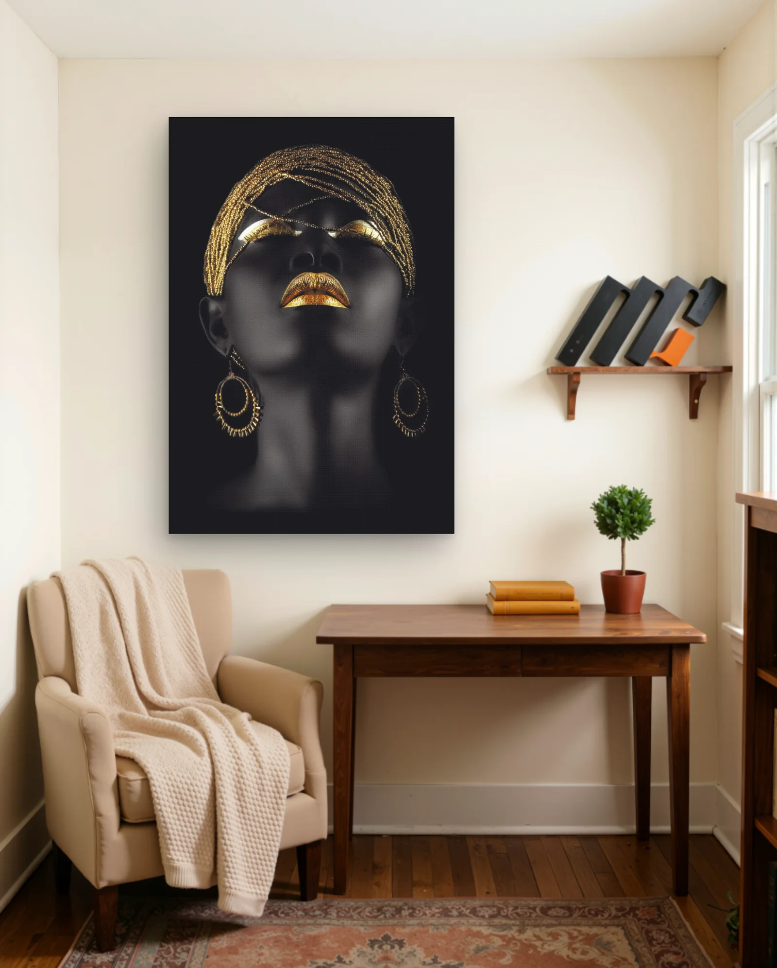 Black Woman Gold Beaded Headwrap Wall Art — framed wall art poster by Memocult