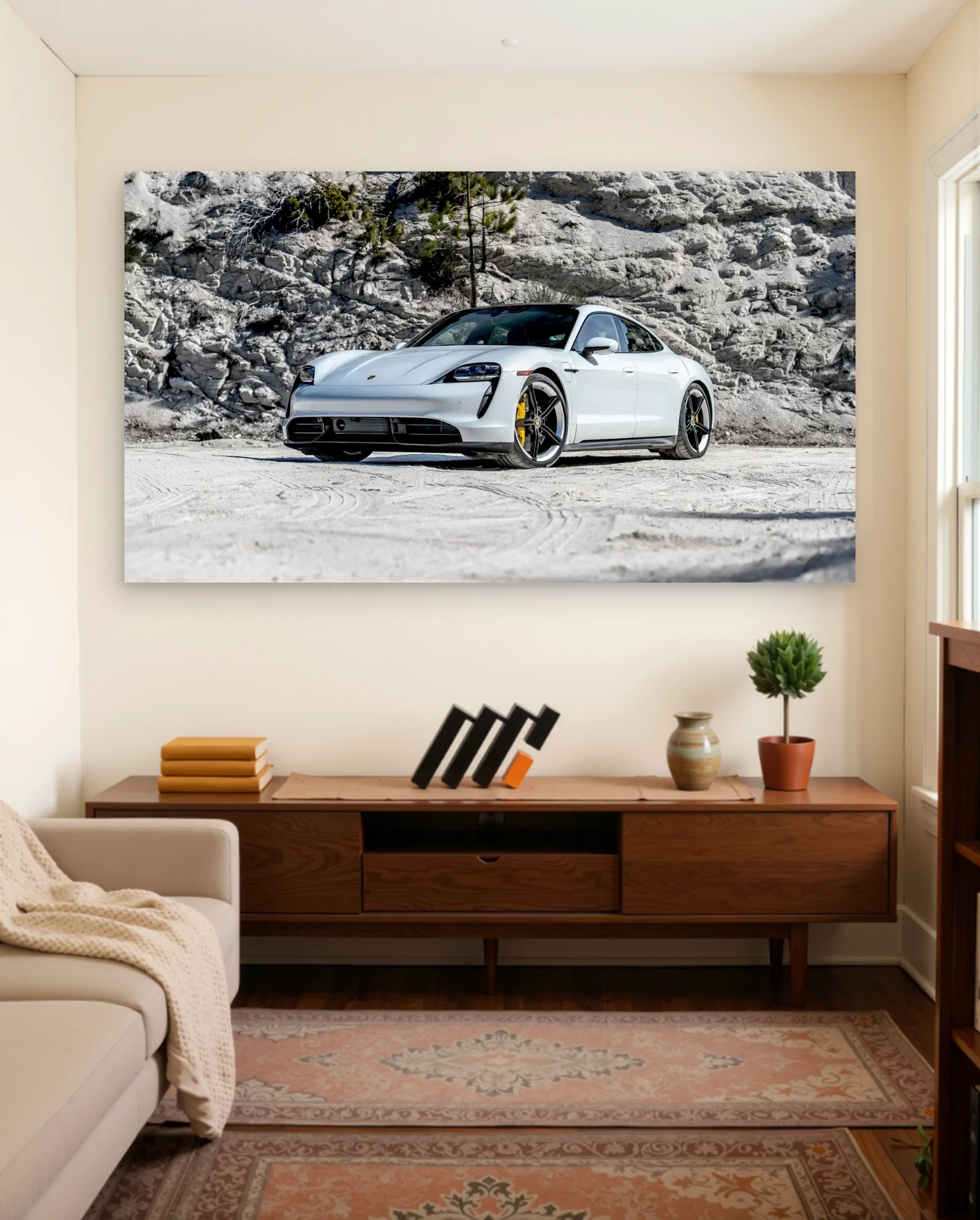 Porsche Taycan Turbo S Yellow Calipers Poster — framed wall art poster by Memocult