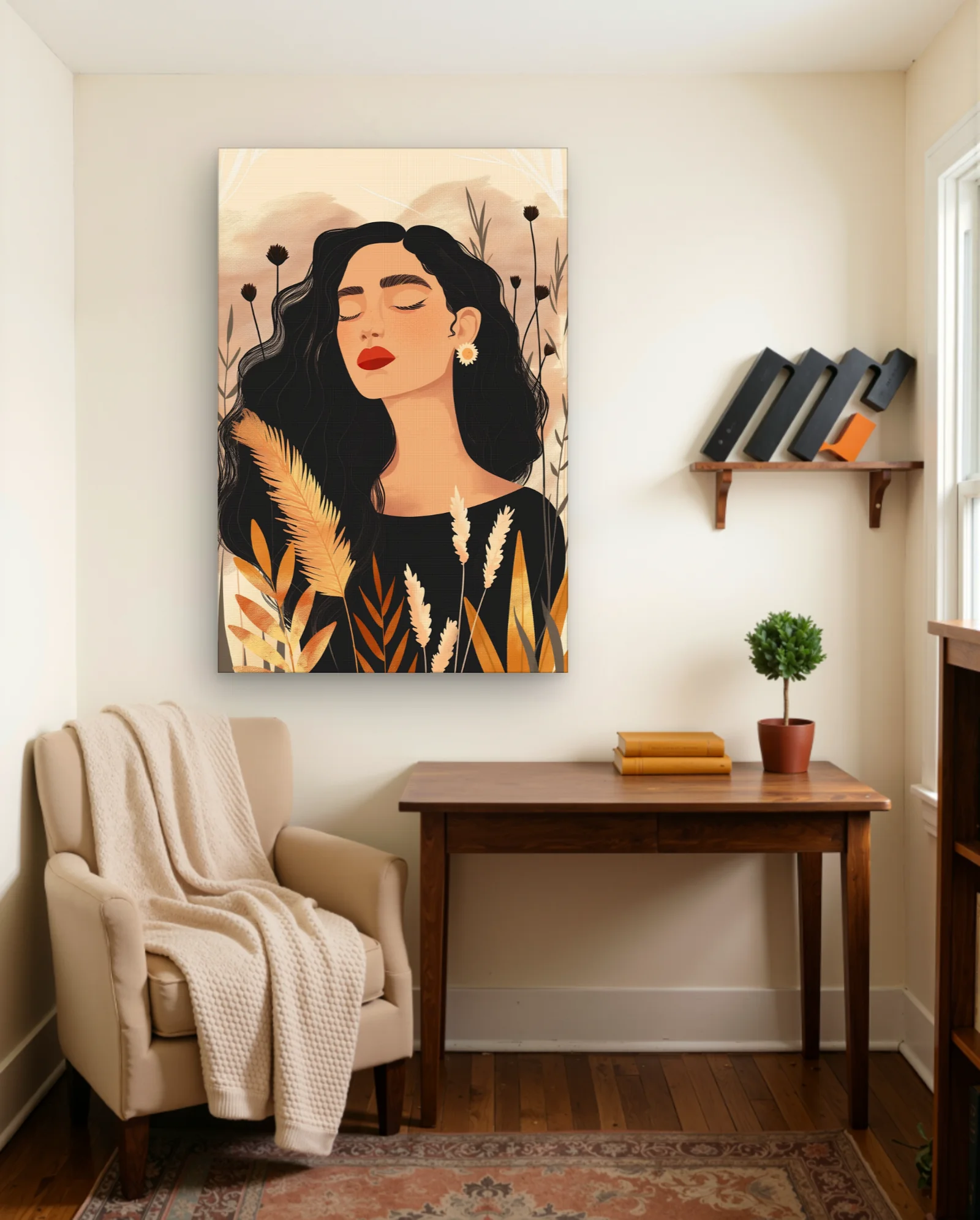 Woman Black Hair Red Lips Daisy Earring Wall Art — Modern Digital Art abstract & modern wall art poster
