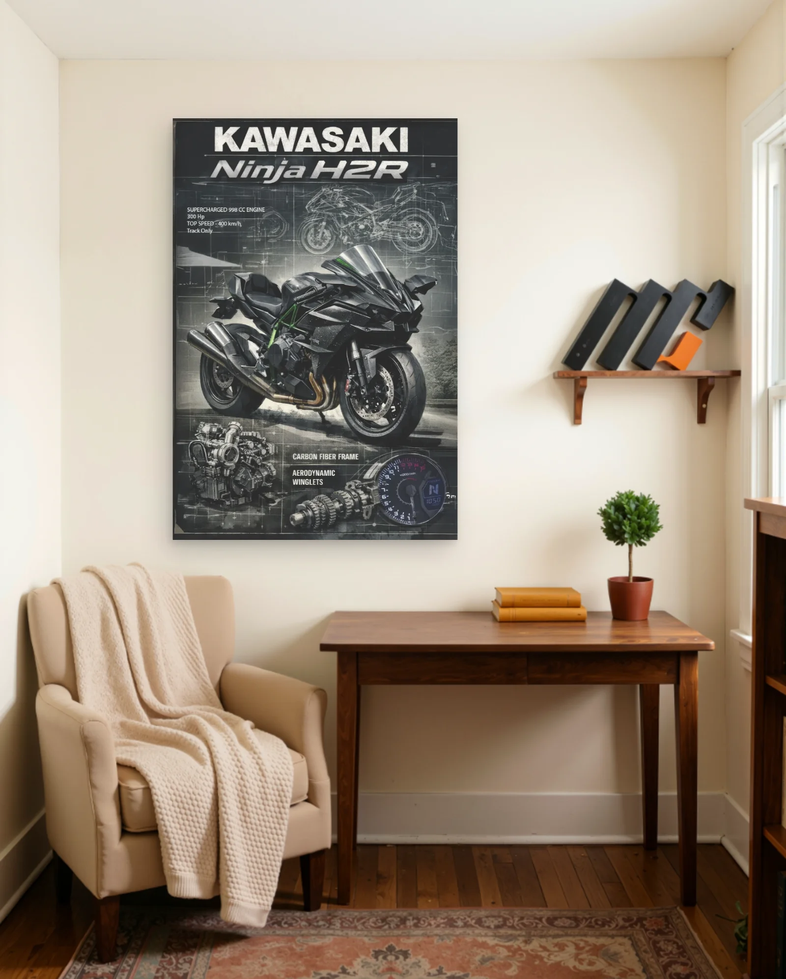 Kawasaki Ninja H2R Blueprint Poster — framed wall art poster by Memocult