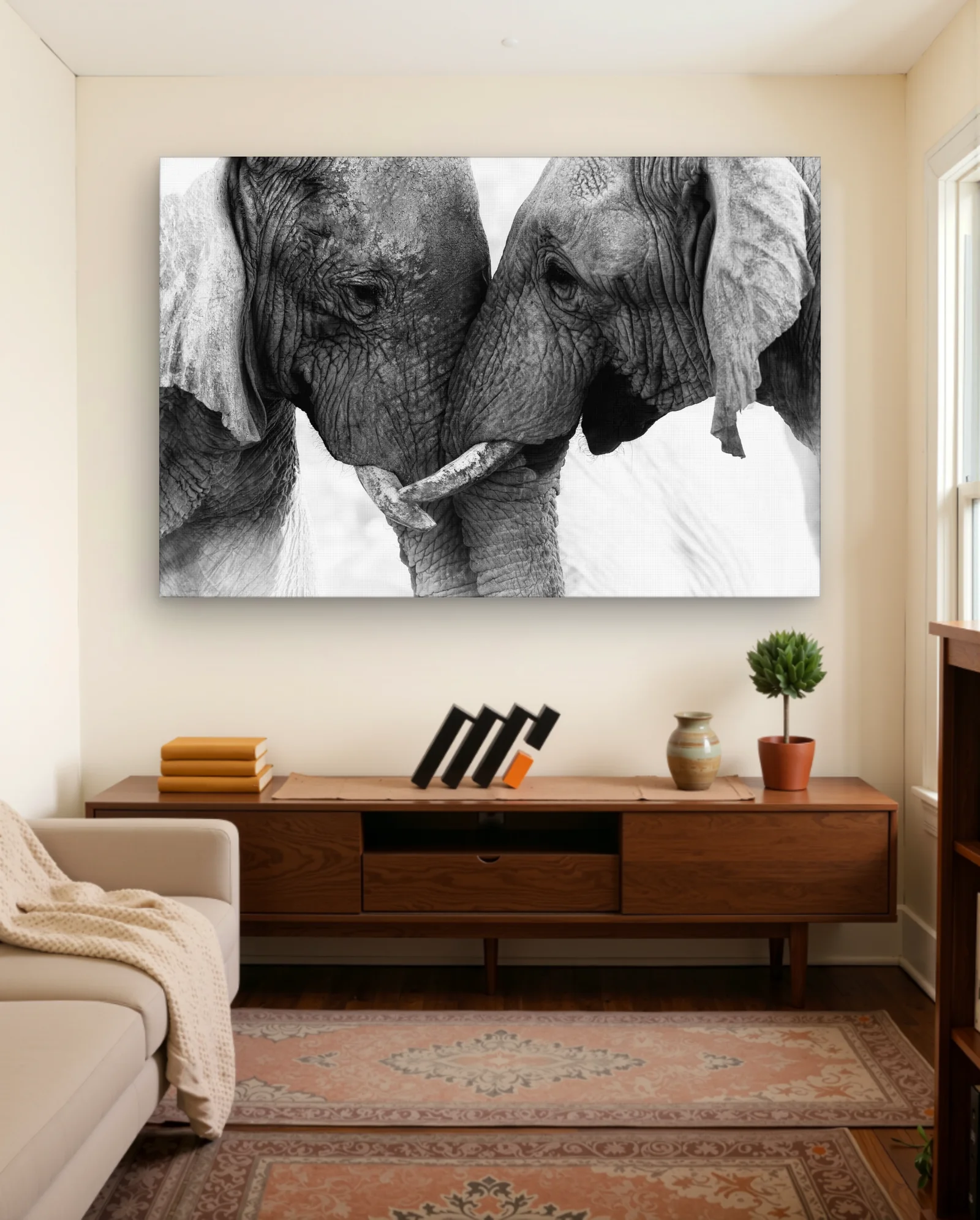 Two Elephants Tusk Touch Wall Art — framed wall art poster by Memocult
