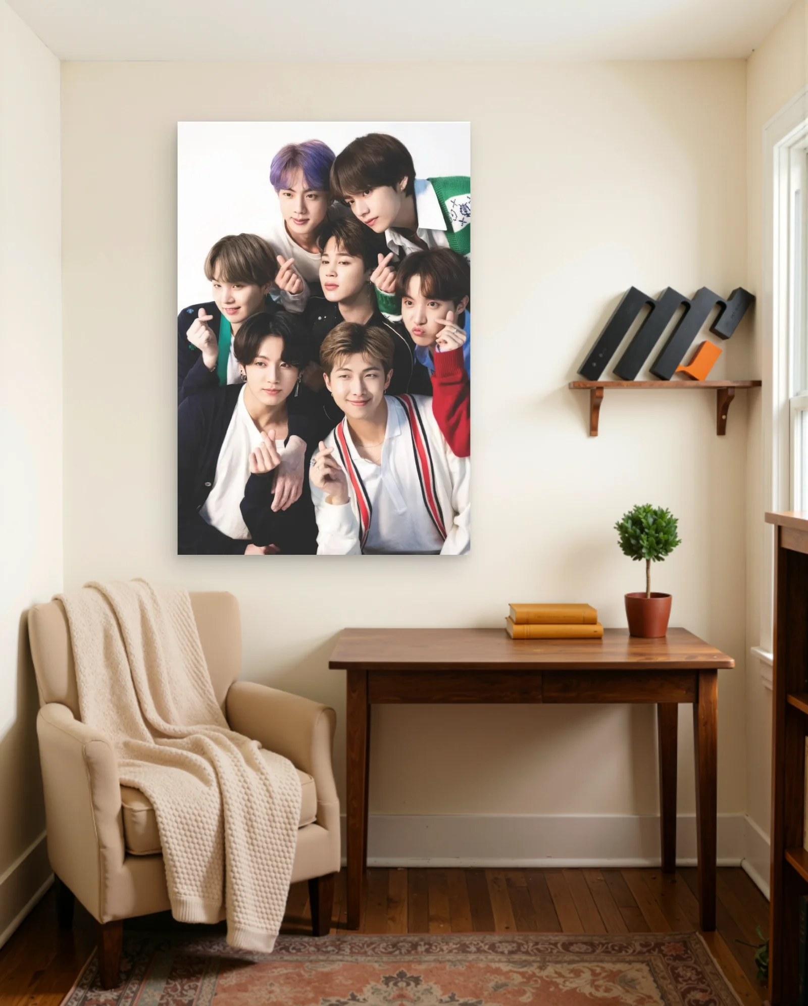 BTS Finger Heart Pose Poster — framed wall art poster by Memocult