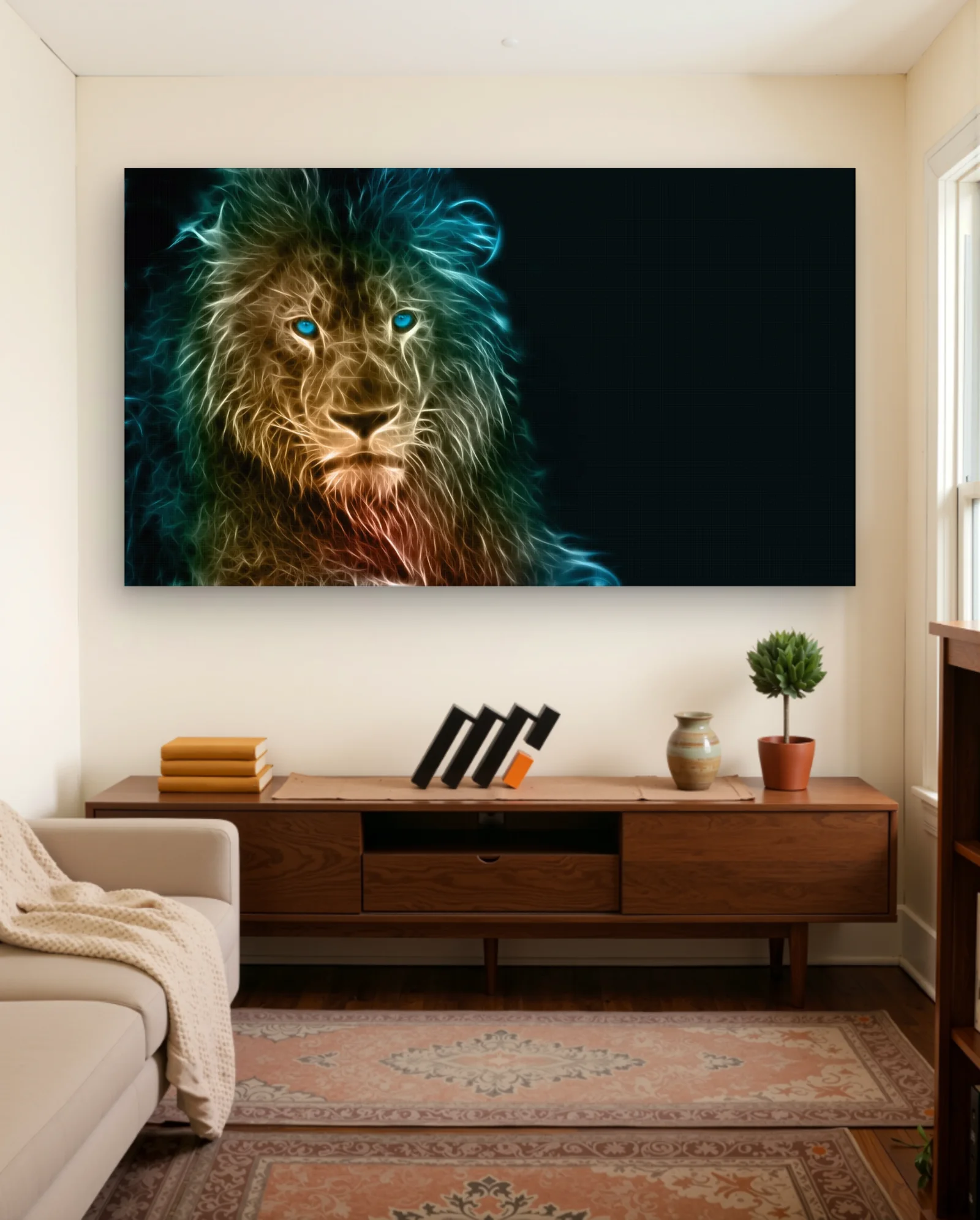 Neon Lion Blue Eyes Wall Art — Modern Digital Art abstract & modern wall art poster