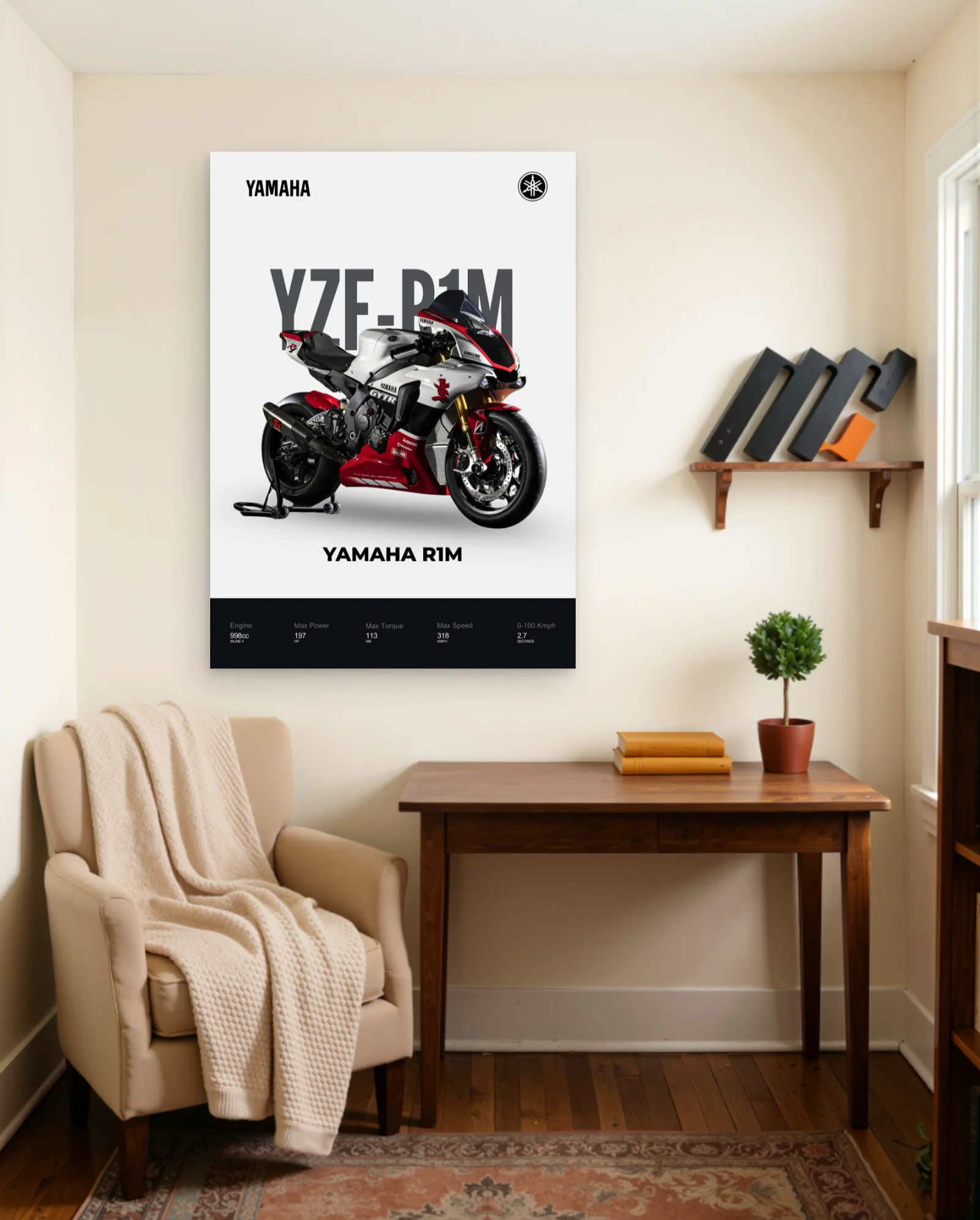 Yamaha YZF-R1M White Red Poster — framed wall art poster by Memocult