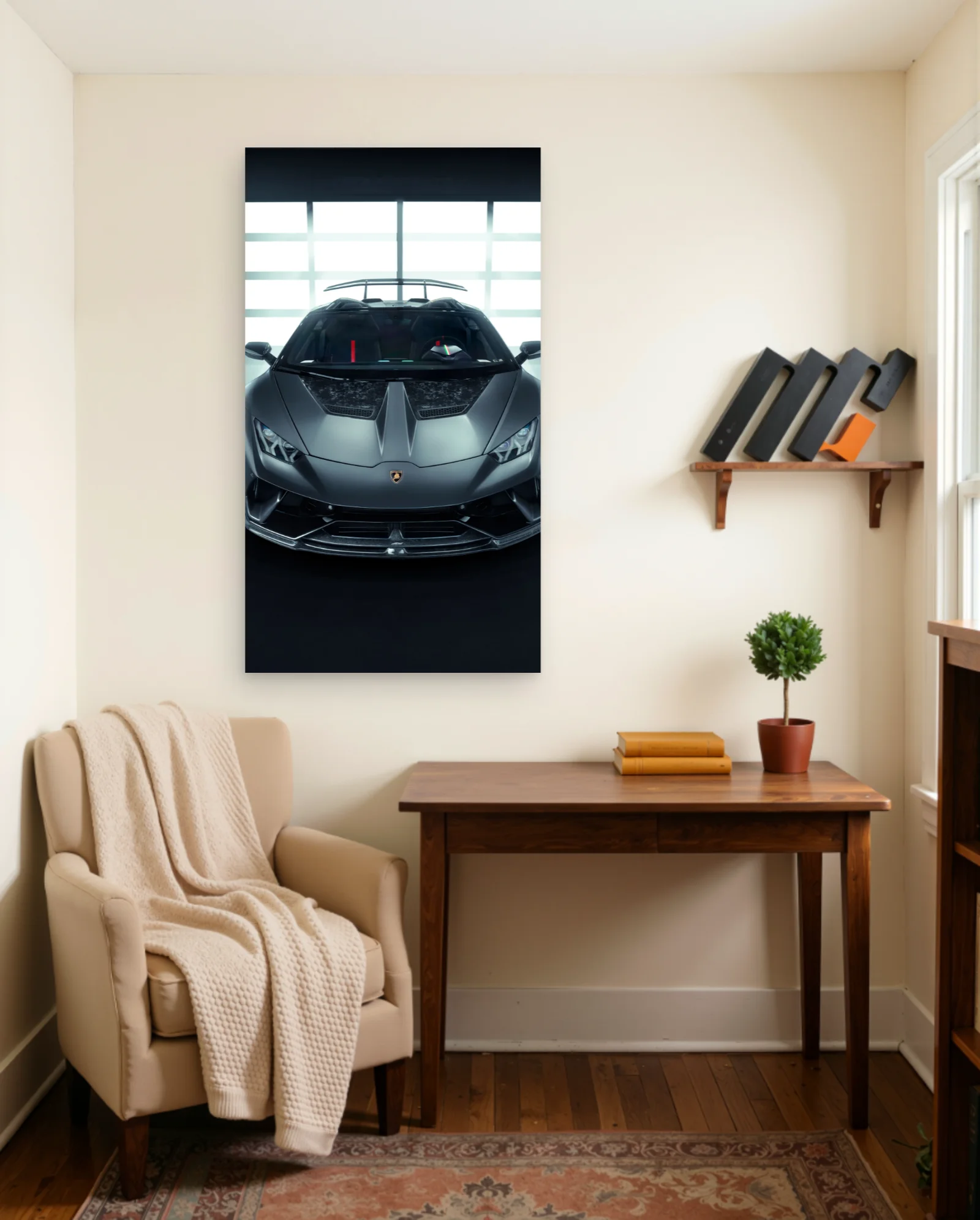 Lamborghini Huracán STO — Matte Grey Front Portrait with Carbon Hood & Rear Wing — framed wall art poster by Memocult