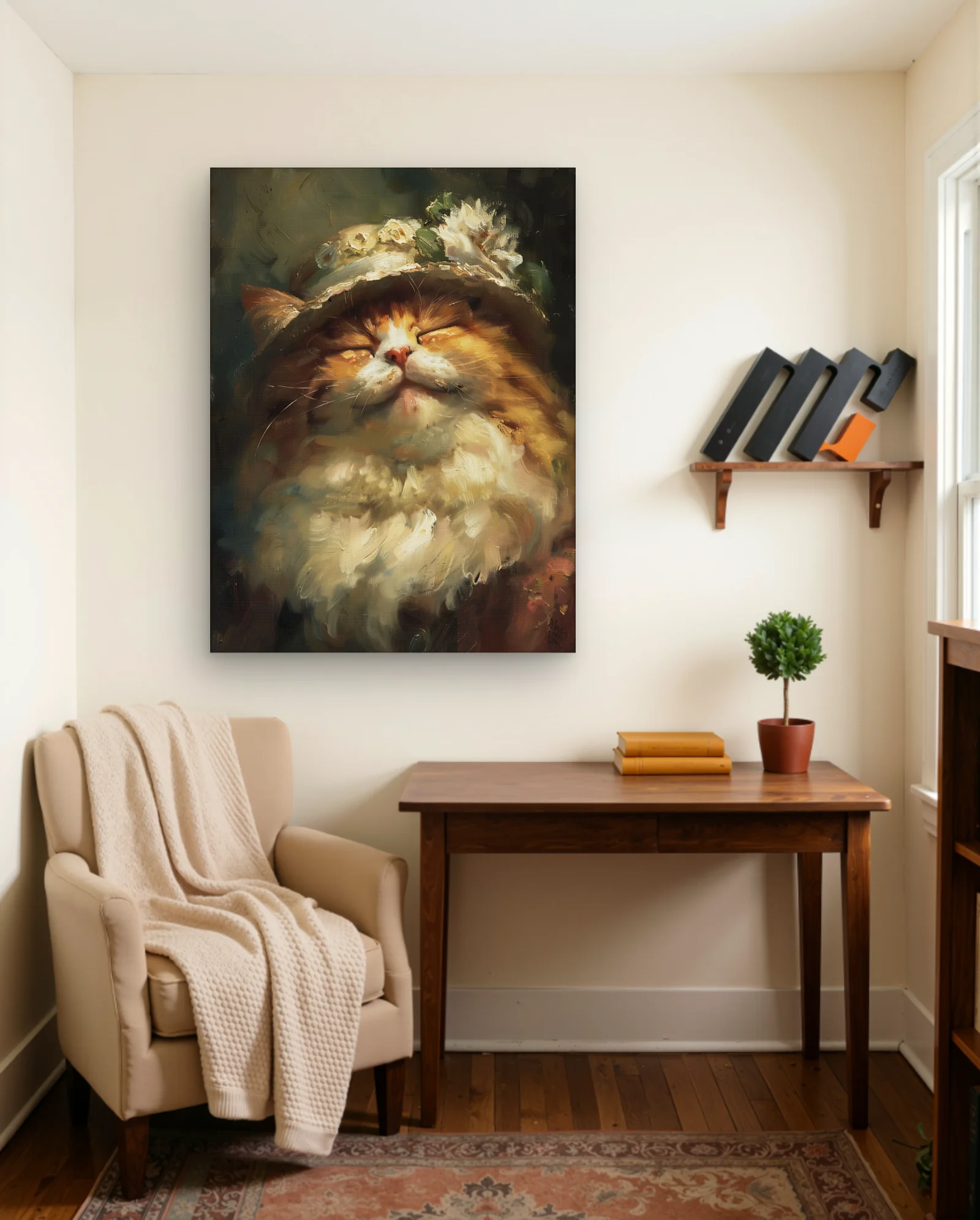 Ginger Cat With Floral Hat Wall Art — framed wall art poster by Memocult