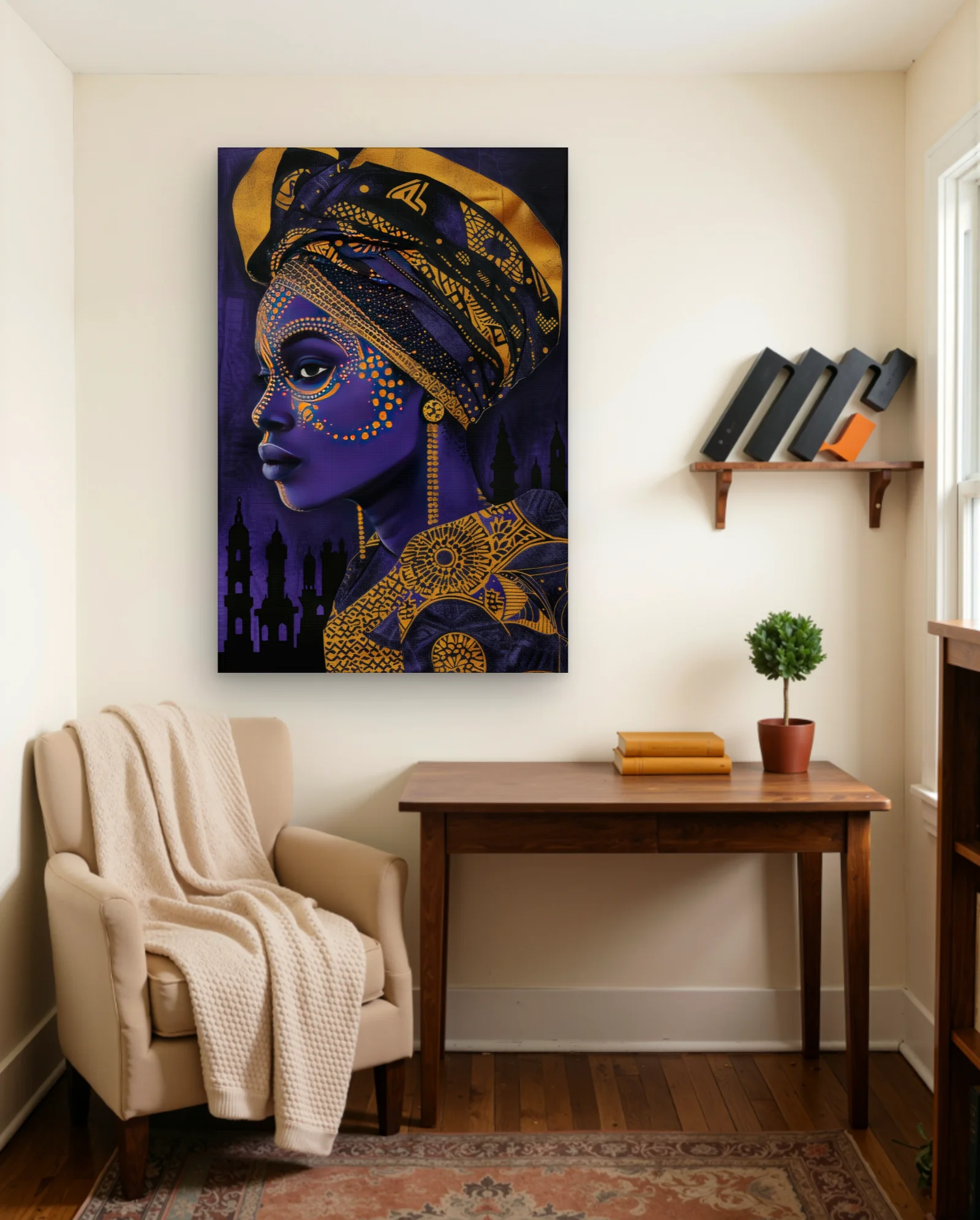Purple Woman Gold Patterned Gele Wall Art — framed wall art poster by Memocult