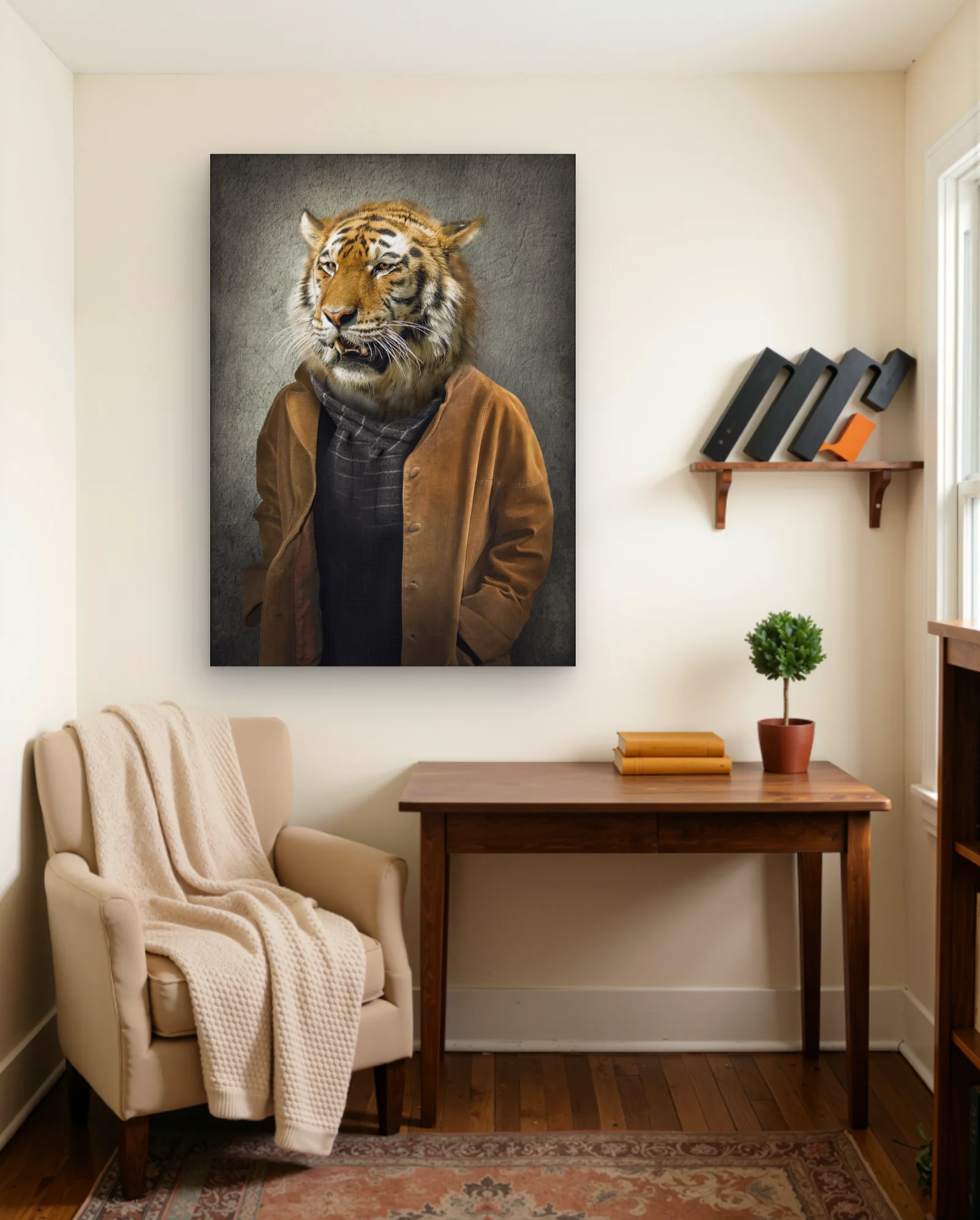 Tiger Gentleman In Brown Coat Wall Art — framed wall art poster by Memocult
