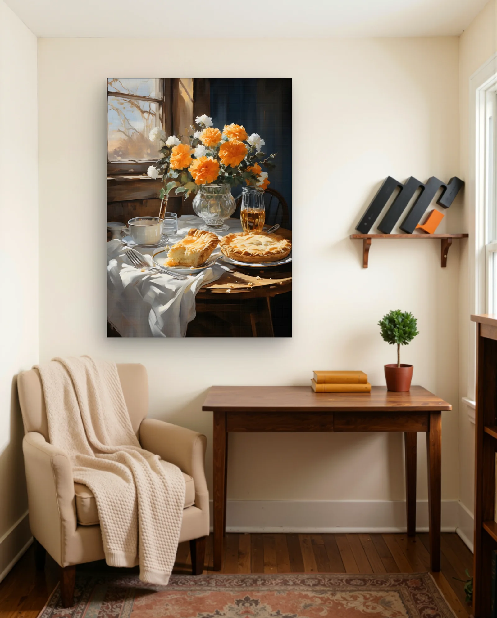 Orange Dahlias And Lattice Pie Wall Art — framed wall art poster by Memocult