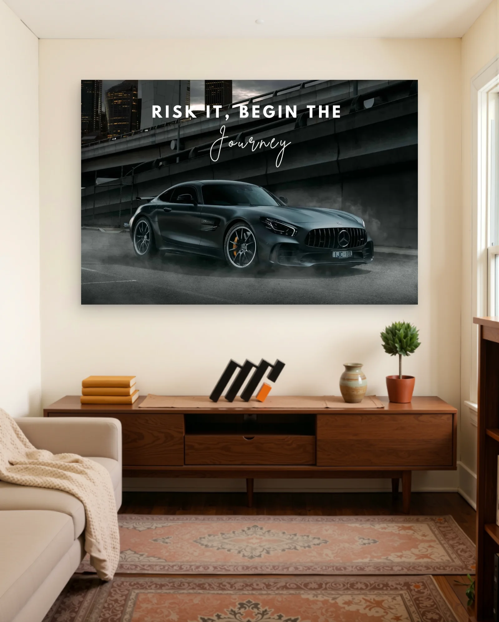 Mercedes AMG GT Risk It Begin Journey Poster — framed wall art poster by Memocult
