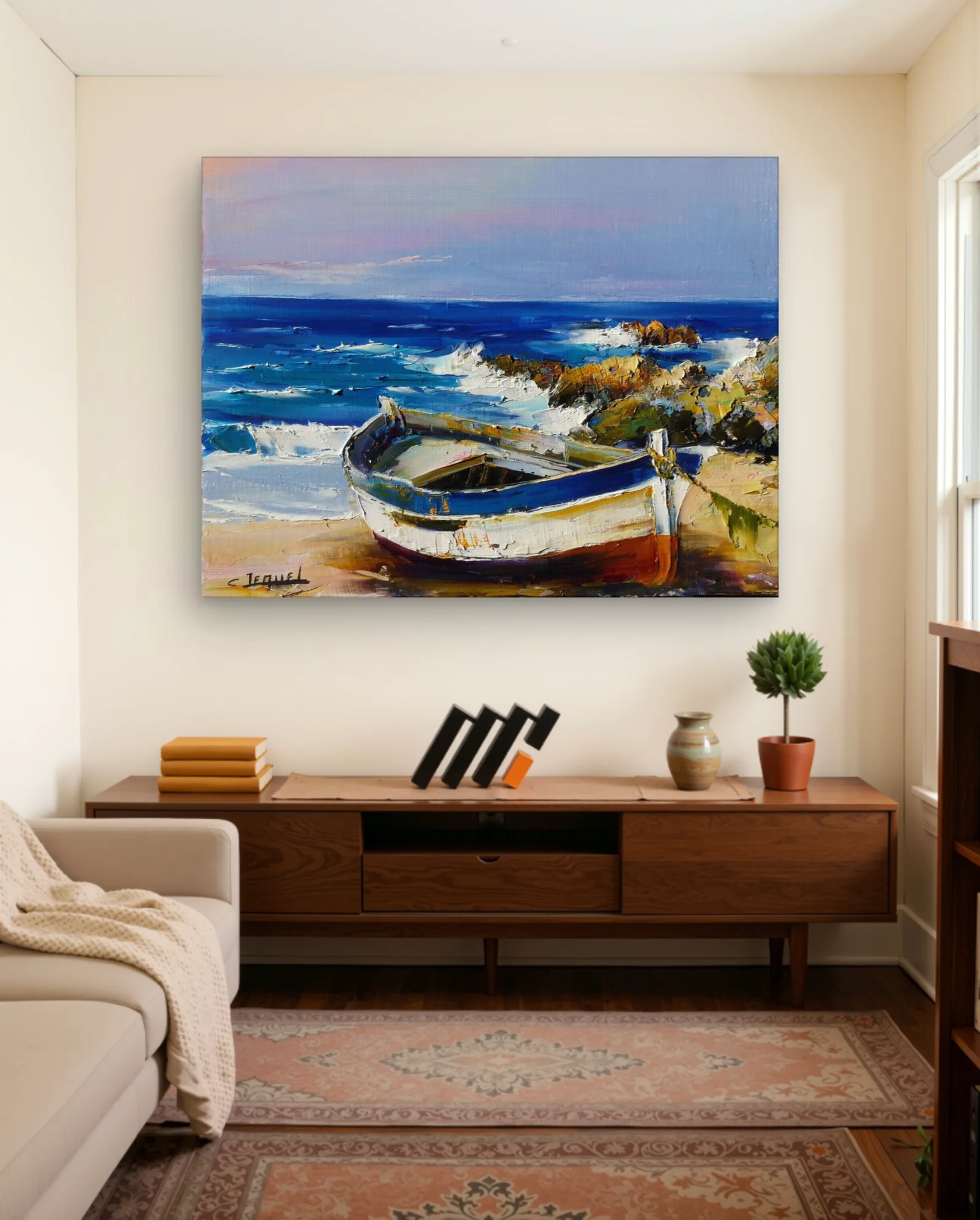 Rowboat On Rocky Shore With Waves Wall Art — Abstract abstract & modern wall art poster