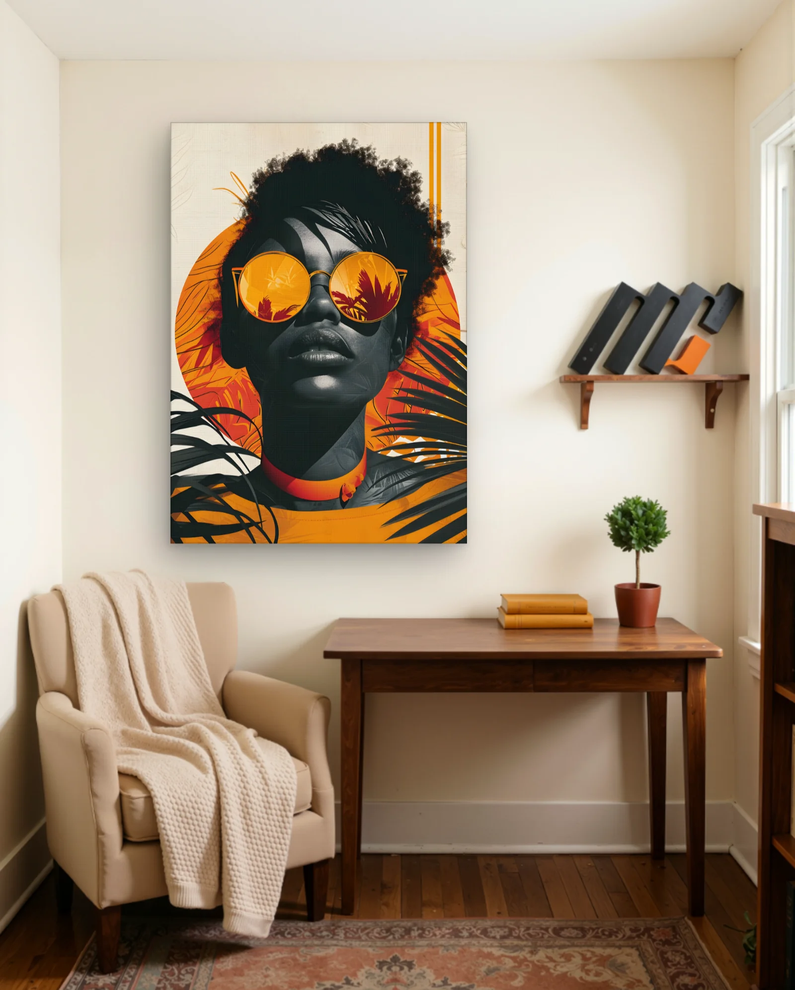 Afro Woman Orange Palm Reflection Sunglasses Wall Art — Modern Digital Art abstract & modern wall art poster