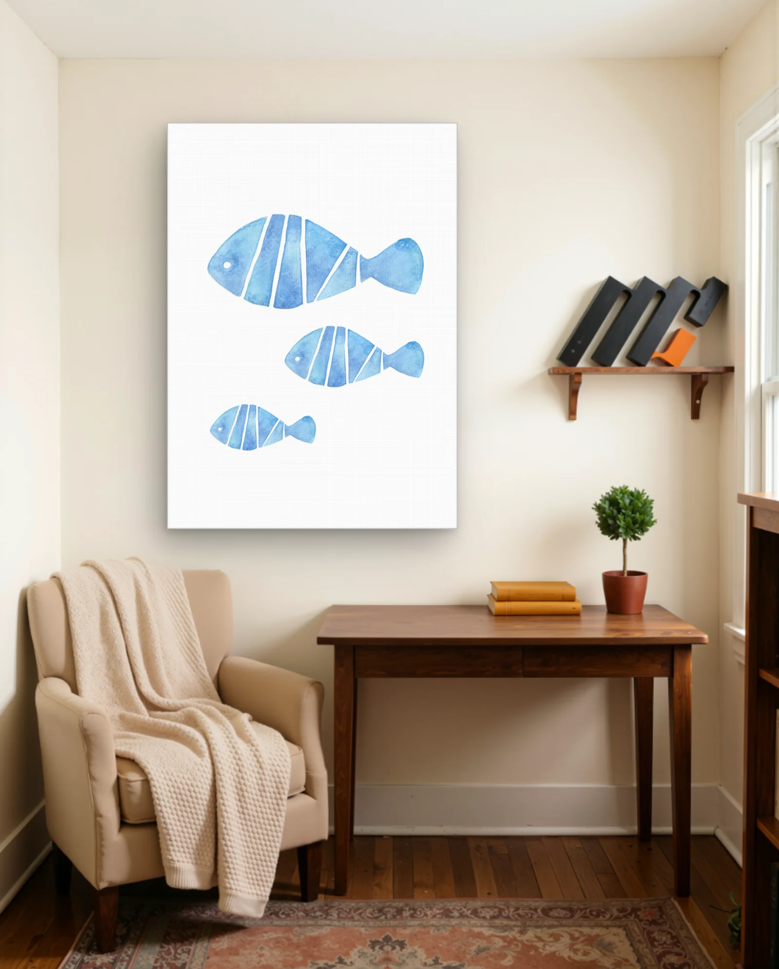 Blue Watercolor Fish Trio Wall Art — framed wall art poster by Memocult